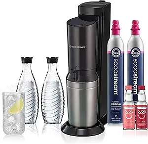 SodaStream - Aqua Fizz Sparkling Water Maker | VALUE BUNDLE | GLASS Carbonator | CQC CO2 System | Includes 2x Elegant Glass Carafes, 2x CO2 Cylinders, 2x Bubly Flavor Drops | Dishwasher Safe | Black
