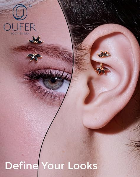 OUFER Lotus Piercing Rook 16G Acier Chirurgical Piercing Sourcil Argent Or Boucle d'oreille Cartilage Helix Tragus Barbell Courbé 6mm Labret Vertical pour Femmes - 4