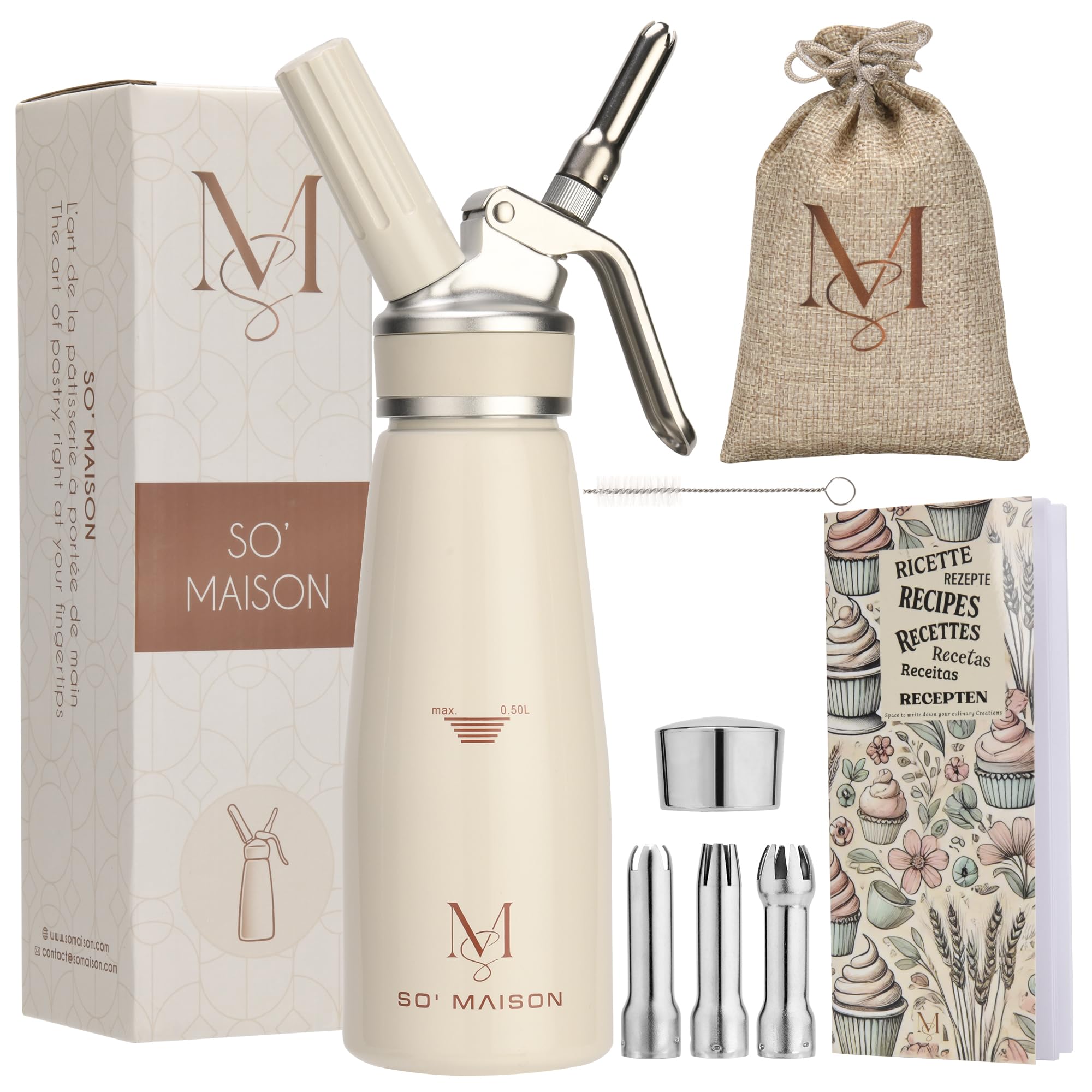 SO’Maison Sahnespender 500 ml – Hochwertiger Sahnesiphon für Schlagsahne, Espuma & Mousse – Vintage Creme Design, Profi Schlagsahnebereiter inkl. Rezeptbuch zum Selbstbefüllen