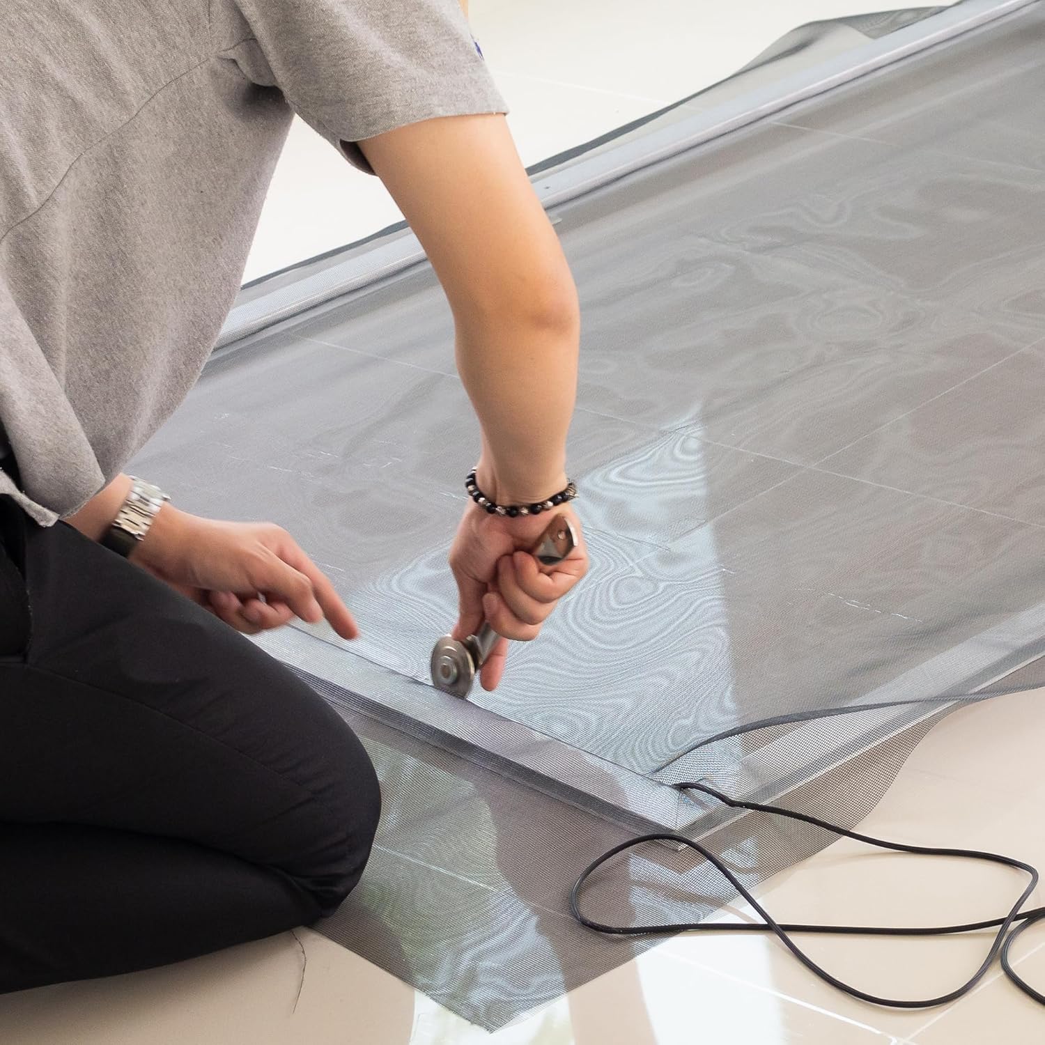 Prime-Line P 7542 Screen Door Repair Kit with Rolling Tool – Replace Screen on Windows or Patio Doors, 48” x 84” Charcoal Fiberglass Screen Cloth (1 Kit)