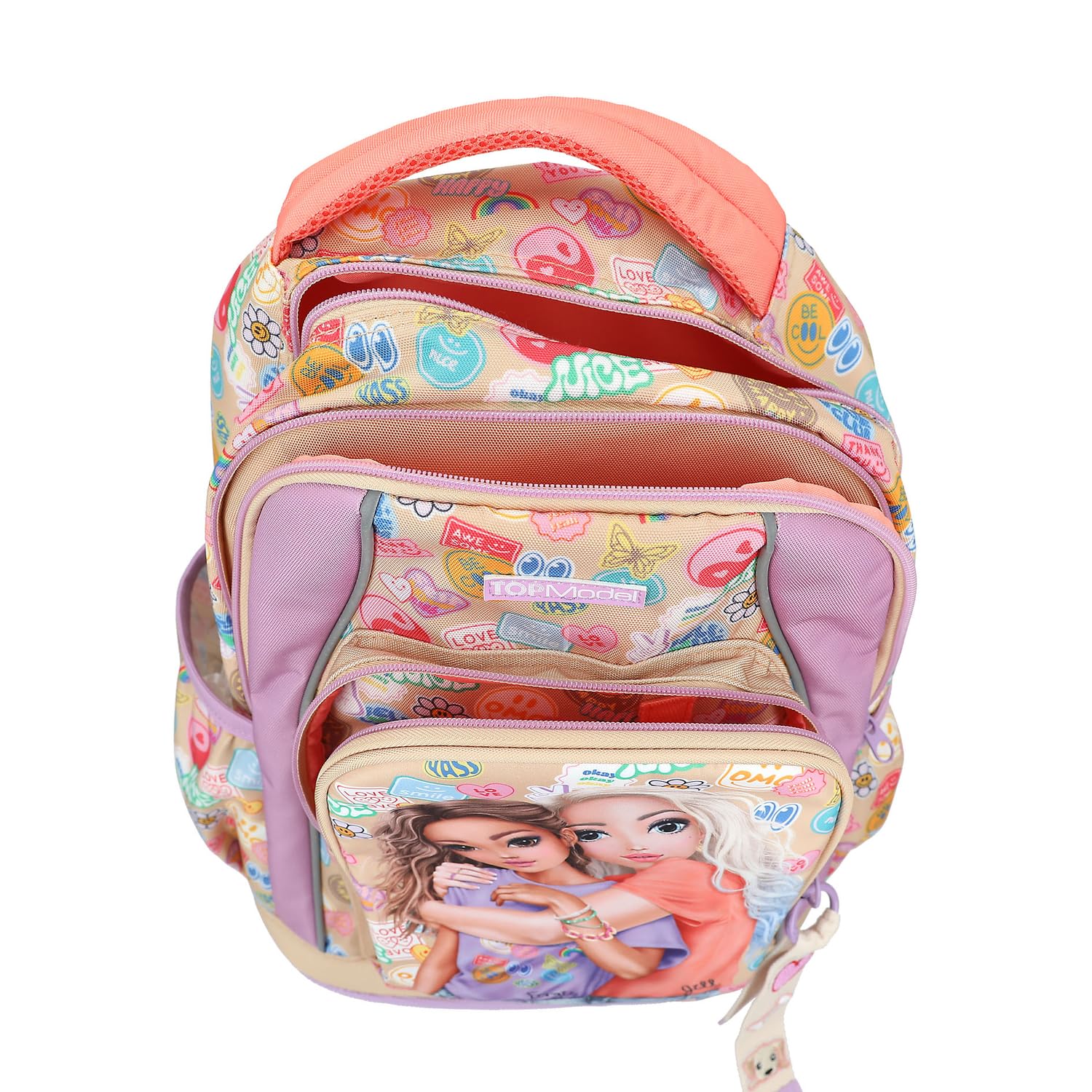 Depesche 13285 TOPModel Girl Power - Schulrucksack in Beige und Lila, mit Model Motiv und bunten Batches, Schultasche mit verstellbaren Trägern