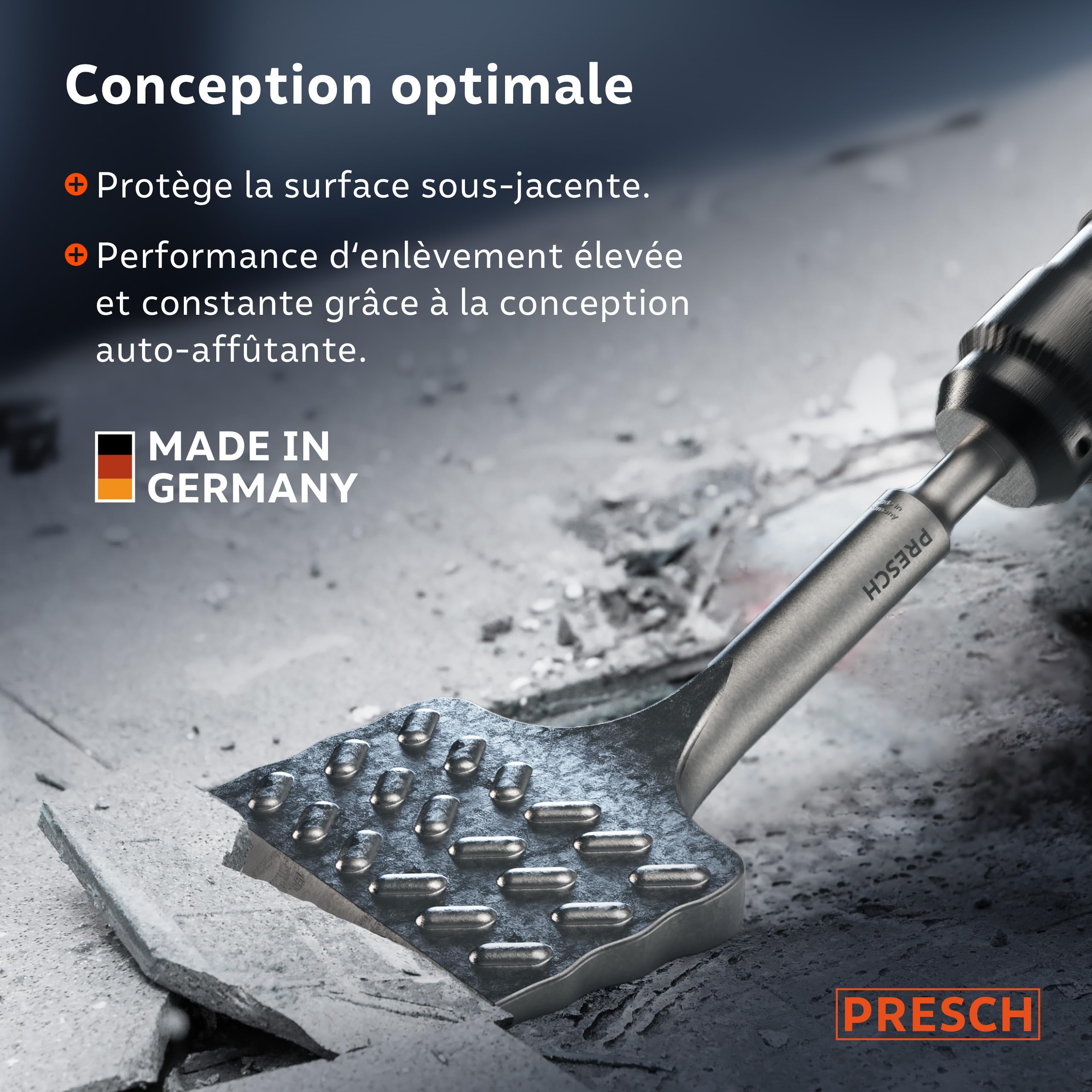 PRESCH SDS plus Burin à carrelage - Extra large (75mm) - Extrêmement durable - Coudé pour faciliter l'enlèvement des carreaux (longueur 165 mm) - En acier haute performance