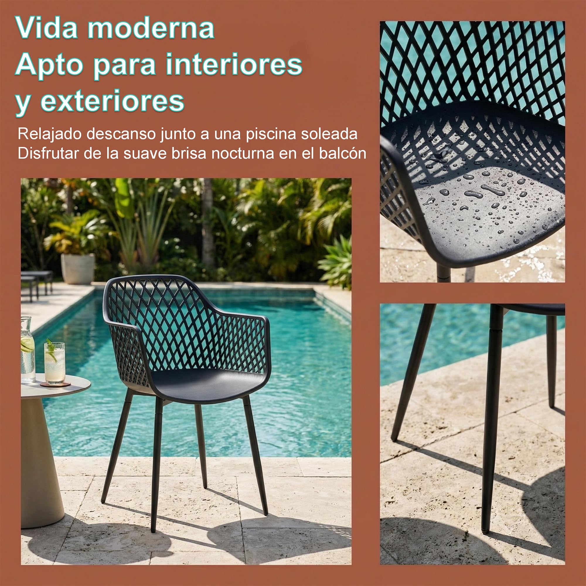 Juego de 6 sillas de Comedor con Respaldo geométrico Moderno de plástico para Patio con Patas de Metal, Silla de jardín al Aire Libre, Silla de Comedor con Brazos para balcón, Color Negro
