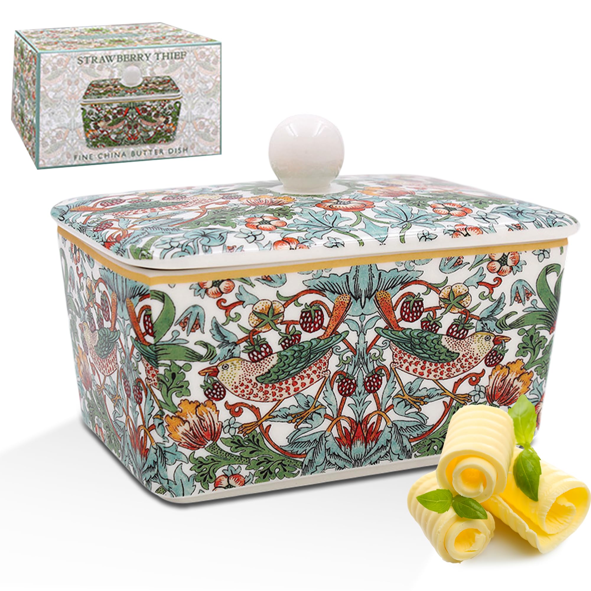 The Leonardo Collection William Morris Strawberry Thief Butter Dishes for Kitchen & Home | Dishwasher Safe Butter Dish with Lid for Keep Butter Fresh | Durable BPA-Free Butterdish for Butter Storage