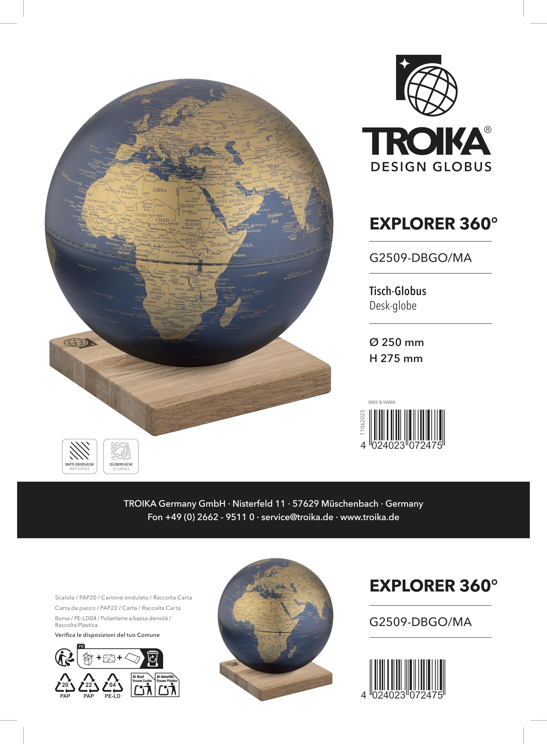 TROIKA Globus blau gold mit 25 cm Durchmesser EXPLORER 360° auf magnetischem Sockel aus FSC-zertifiziertem Eichenholz Material aus Eichenholz und Kunststoff dunkelblau und goldfarben