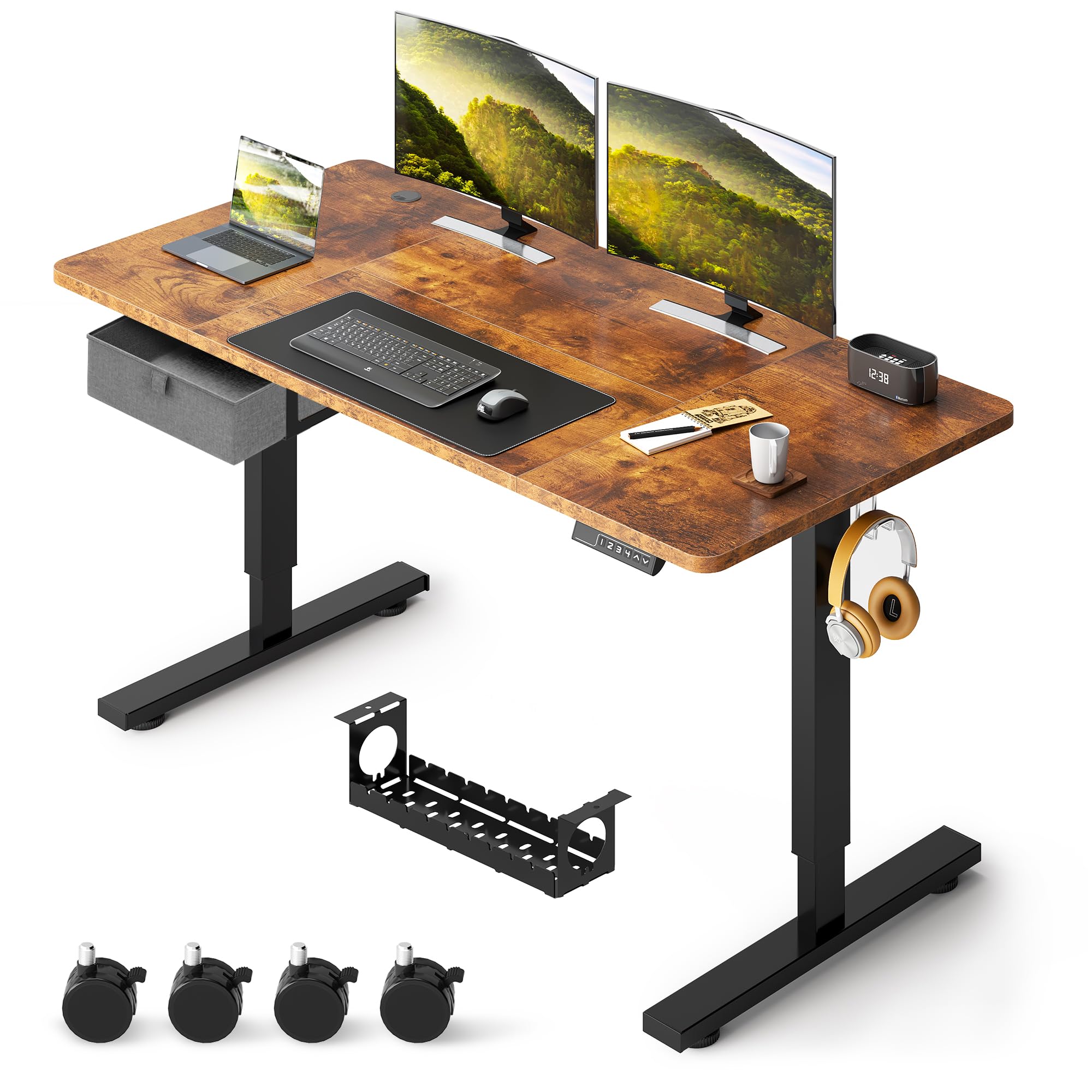 SogesHome Height Adjustable Electric Standing Desk with Drawer 63 x 28 Inches Ergonomic Sit Stand Up Desk with Memory Preset Controller Large Computer Desk with Wheels (Vintage Brown, 63 * 28 Inch)