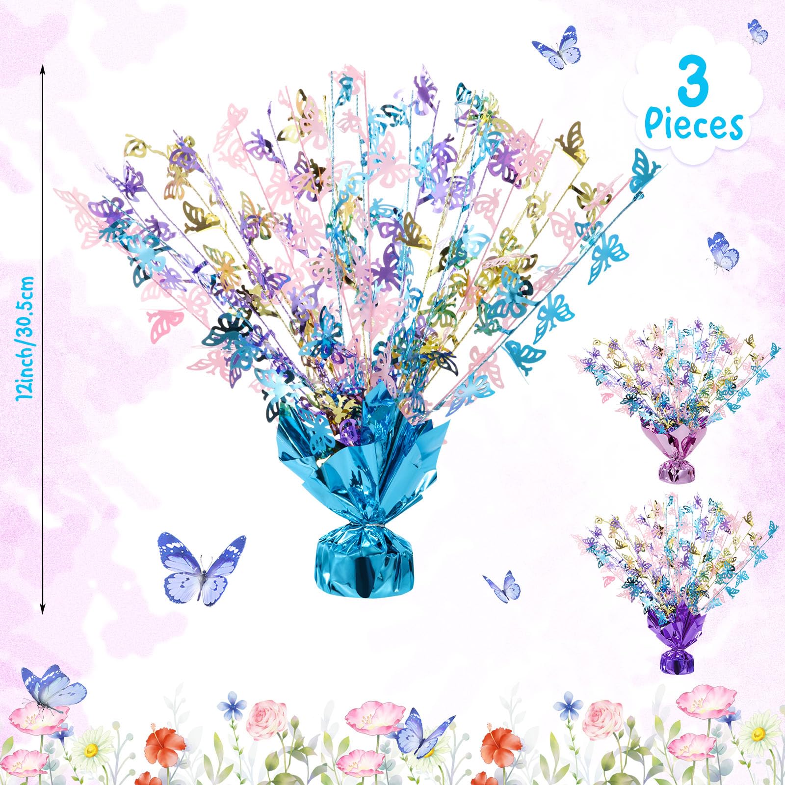 Ceenna 3 Piece Butterfly Table Decorations Metallic Gleam Foil Spray Centerpieces Multicolor Butterflies Model Glitter Plastic Table Centerpieces for Butterfly Birthday Party Supplies