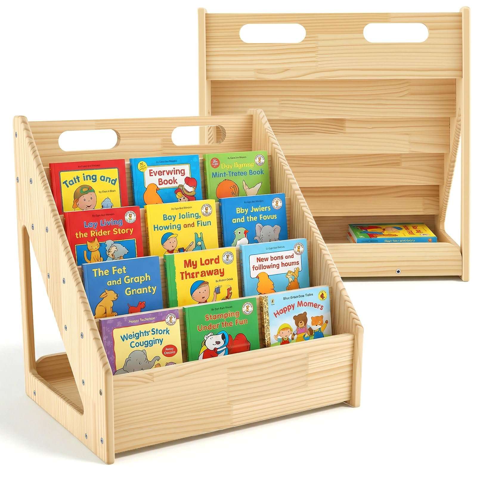 Scaffale Montessori per Bambini, Libreria a 4 Ripiani Orientata Verso l’Anteriore, Scaffale Retro Pratico Contenitore, in Legno di Pino Stabile, per Soggiorno, Bambini 41,9x30,4x41,9cm