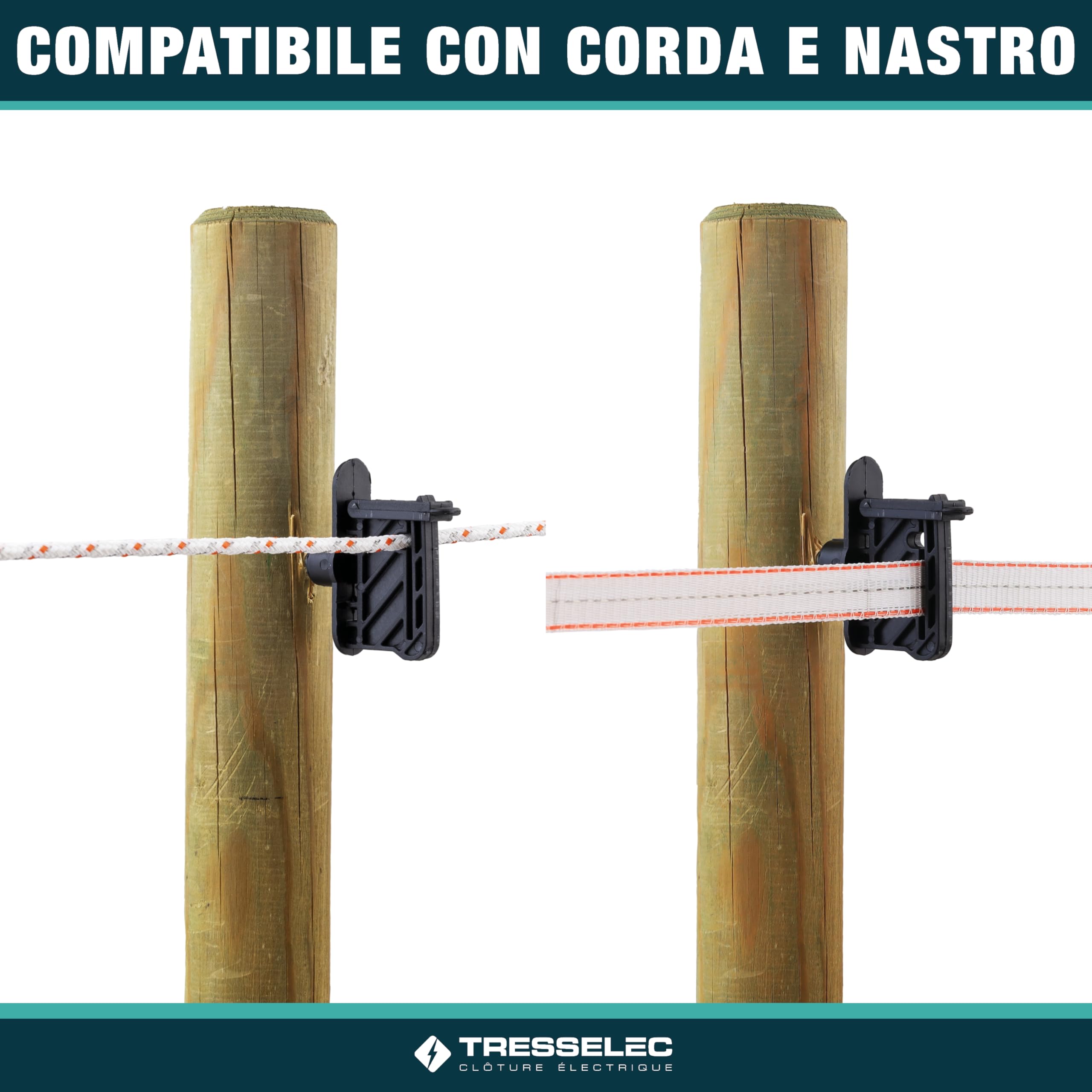 Isolatori a vite per recinzioni elettriche - Confezione da 50 pezzi - Per funi, corde, nastri fino a 40 mm - Da avvitare - Per pali in legno - Chiusura a clip