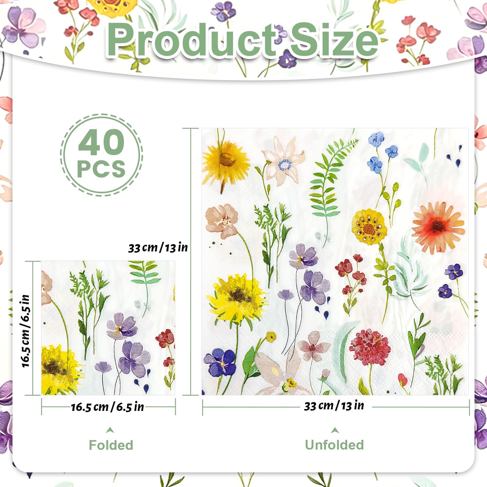 Flintronic 40 PCS Soft Paper Floral Napkins, 2ply 33cm, Colorful Flower Patterned Serviettes Tissue - Image 2