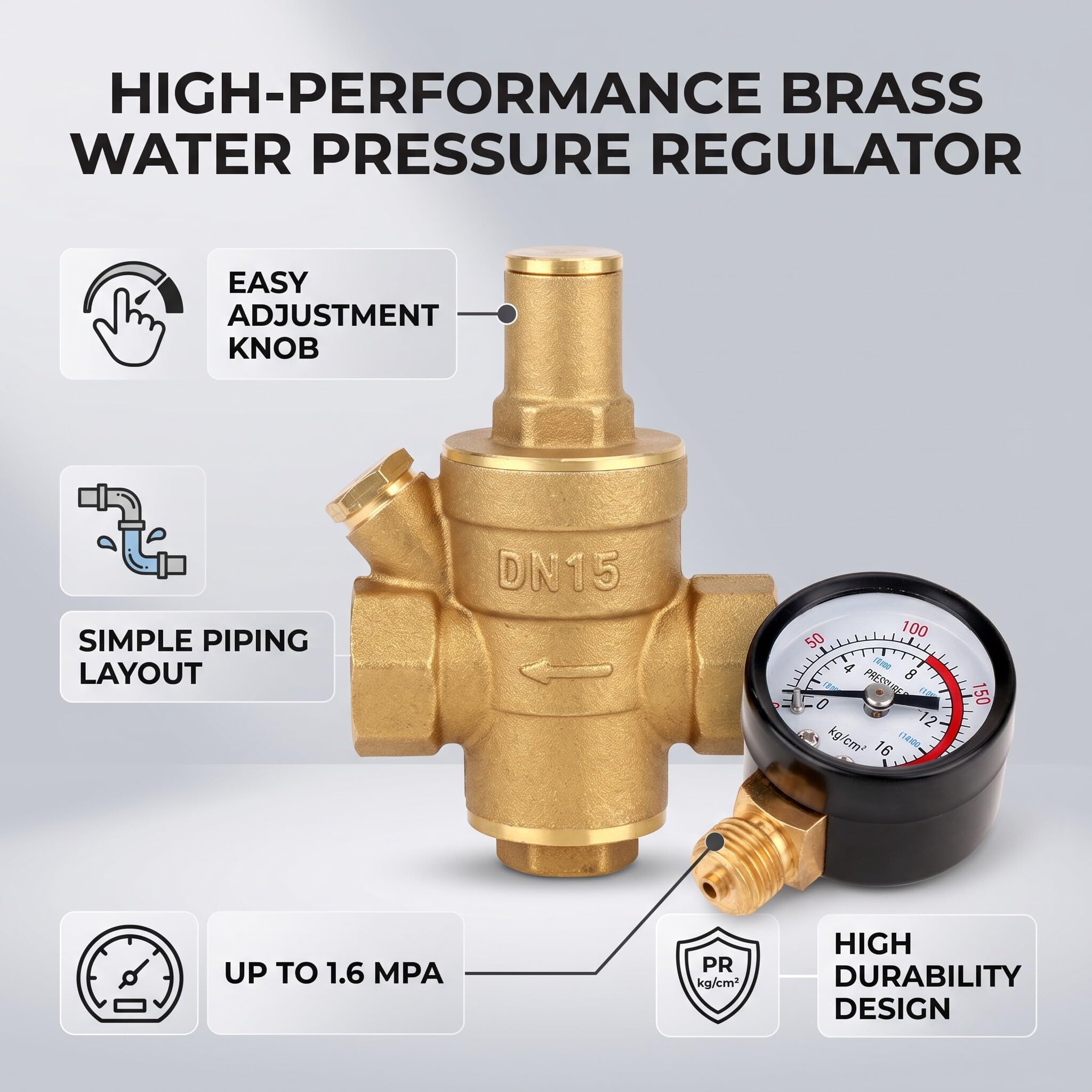 Régulateur de Pression D'eau, DN15 Laiton Réglable Régulateur de Pression D'eau Réducteur G Filetage avec Jauge Mètre Accessoires pour Outils électriques 62 Mm X 90 Mm