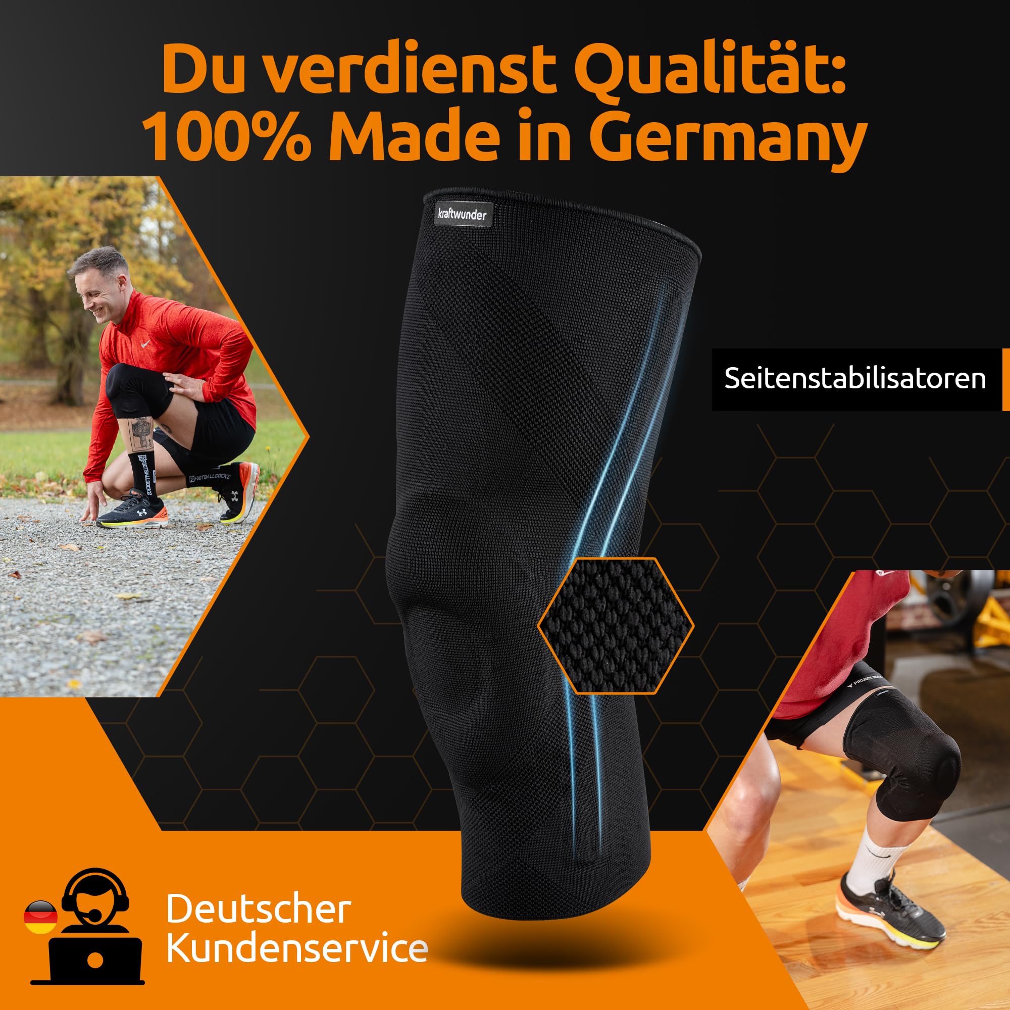 Kniebandage Männer & Damen | Made in Germany | mit Patella-Pad & Seitenstabilisatoren | Kniebandage für Sport, Joggen & Alltag (Schwarz, M)
