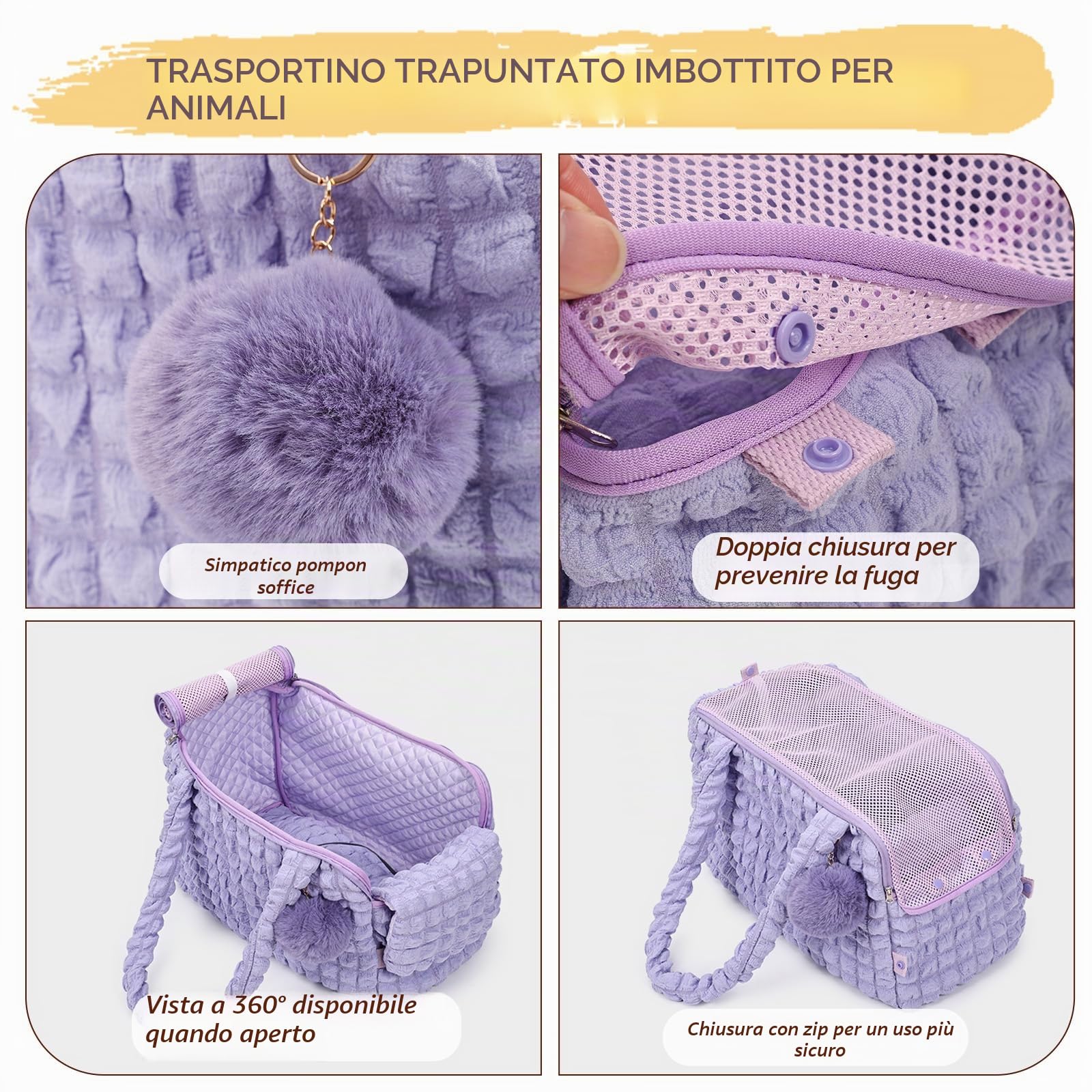 Trasportino per gatti con lati morbidi, alla moda, borsa trapuntata con palla soffice e cerniere in rete ventilate, per cuccioli da 5 kg/gatto da 6,8 kg (nero)