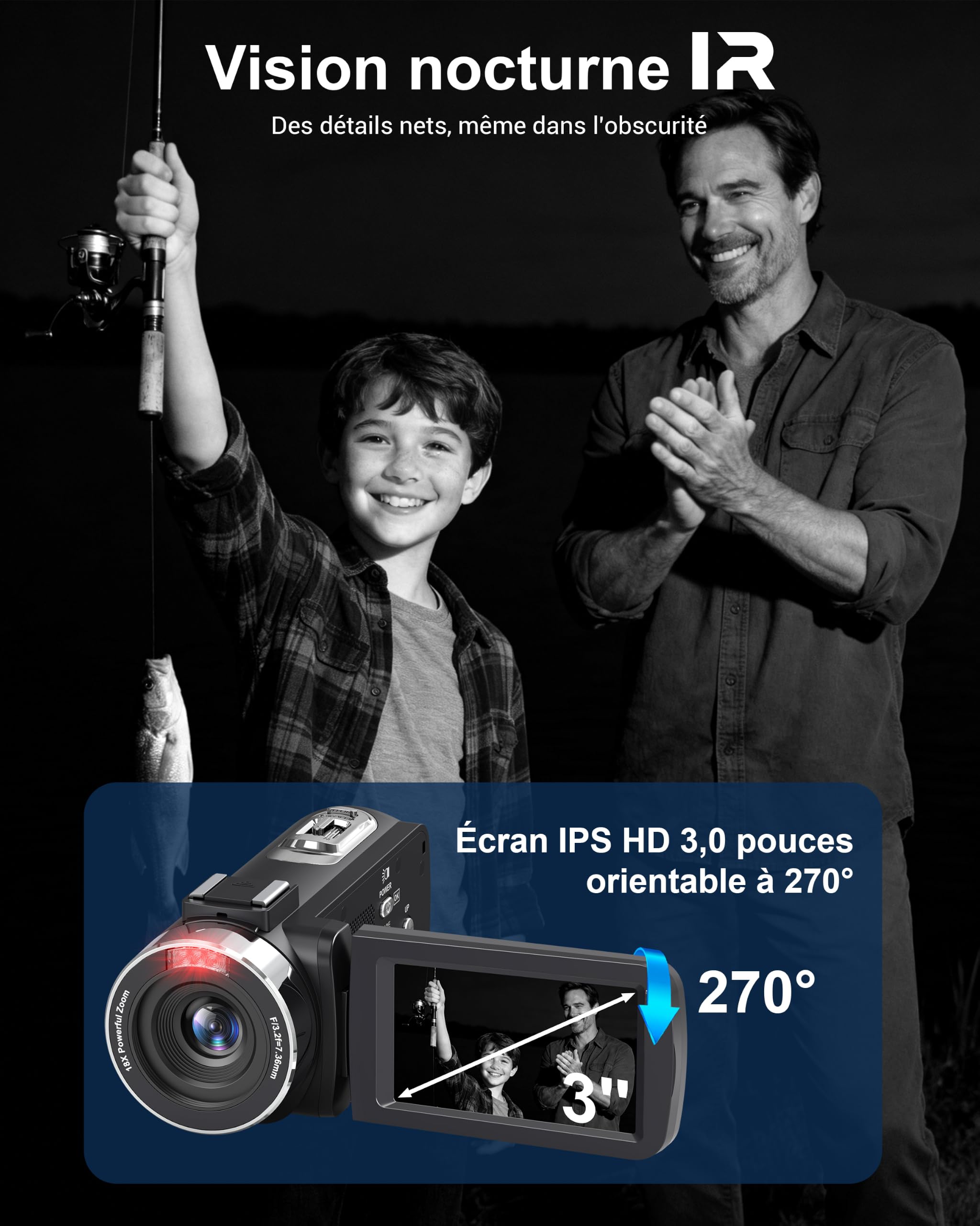Caméscope 4K Caméra Vidéo 80MP Vision Nocturne Zoom 18X Vlogging Camera