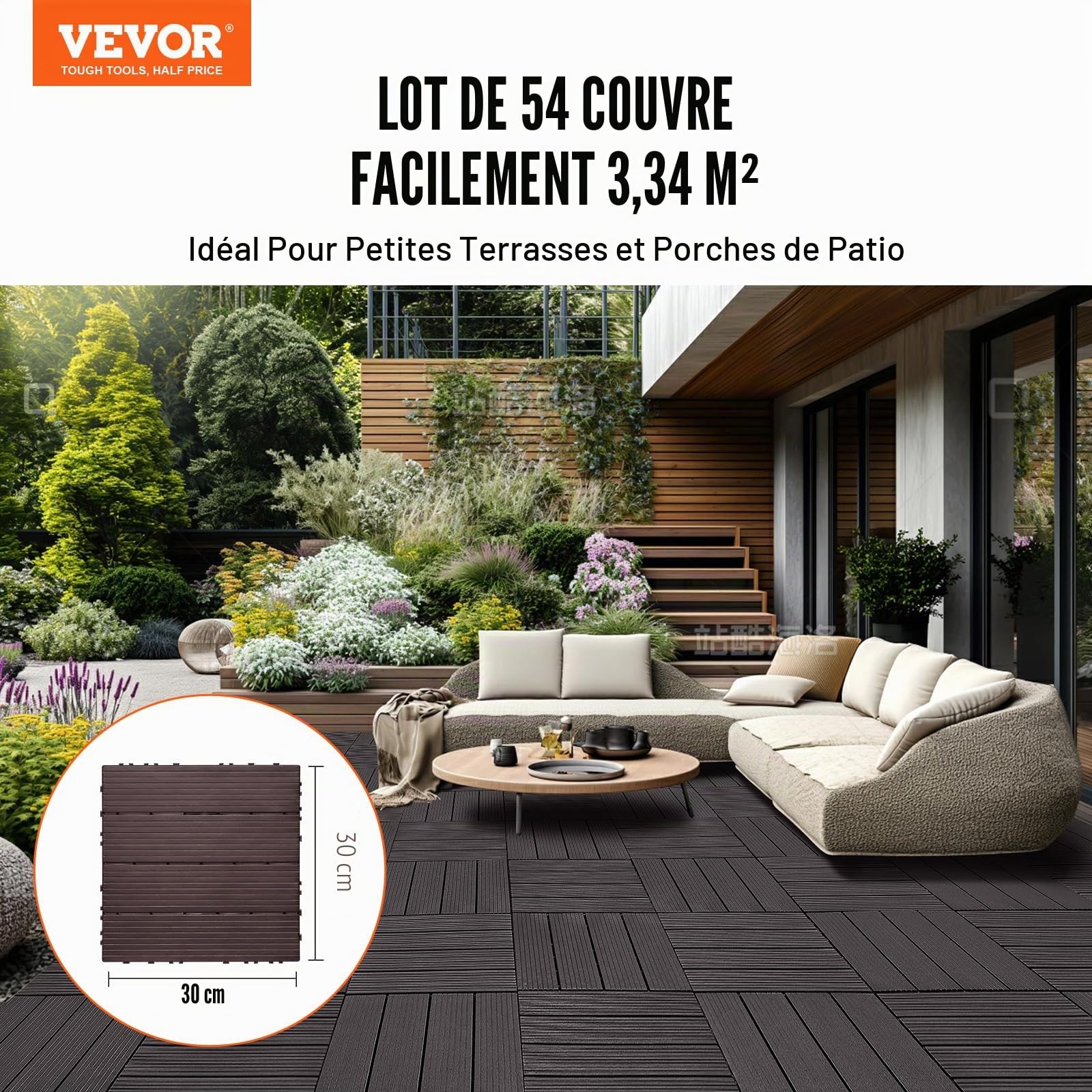 VEVOR Dalles de Terrasse Emboîtables, Lot de 54, Revêtement de Sol Plastique Imperméable, 300x300 mm, 50166 c㎡, Utilisation par Tous les Temps, pour Porche, Piscine, Balcon, Arrière-cour, Marron Foncé
