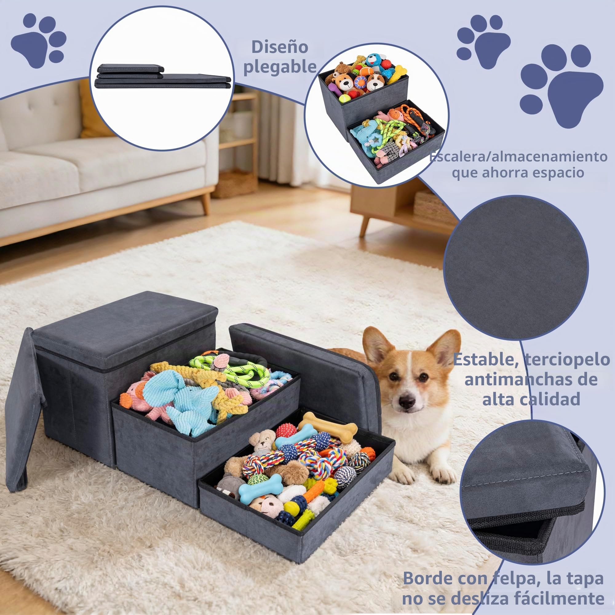 AKOZLIN Escaleras para Perros con Almacenamiento,3 escalones, Plegables | 2 en 1 escaleras para mascotas, rampa extra ancha, escalera para mascotas para perros pequeños a grandes, gatos, gris oscuro