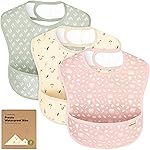 3-Pack Waterproof Baby Bibs for Eating - Lightweight Toddler Feeding Bibs with Large Food Catcher, Mess Proof, Food-Grade Baby Eating Essentials, Easy to Put On & Clean (Fleur)