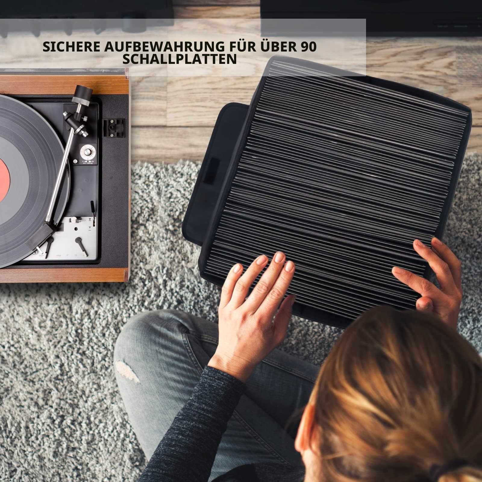 UENTIP Vinyl Record Aufbewahrungsbox für 12-Zoll Records Kiste hält bis zu 90-Platten,Pack von 1-13.7x 12.9x 12.9 Zoll LP Plattenspeicher für Schwarz