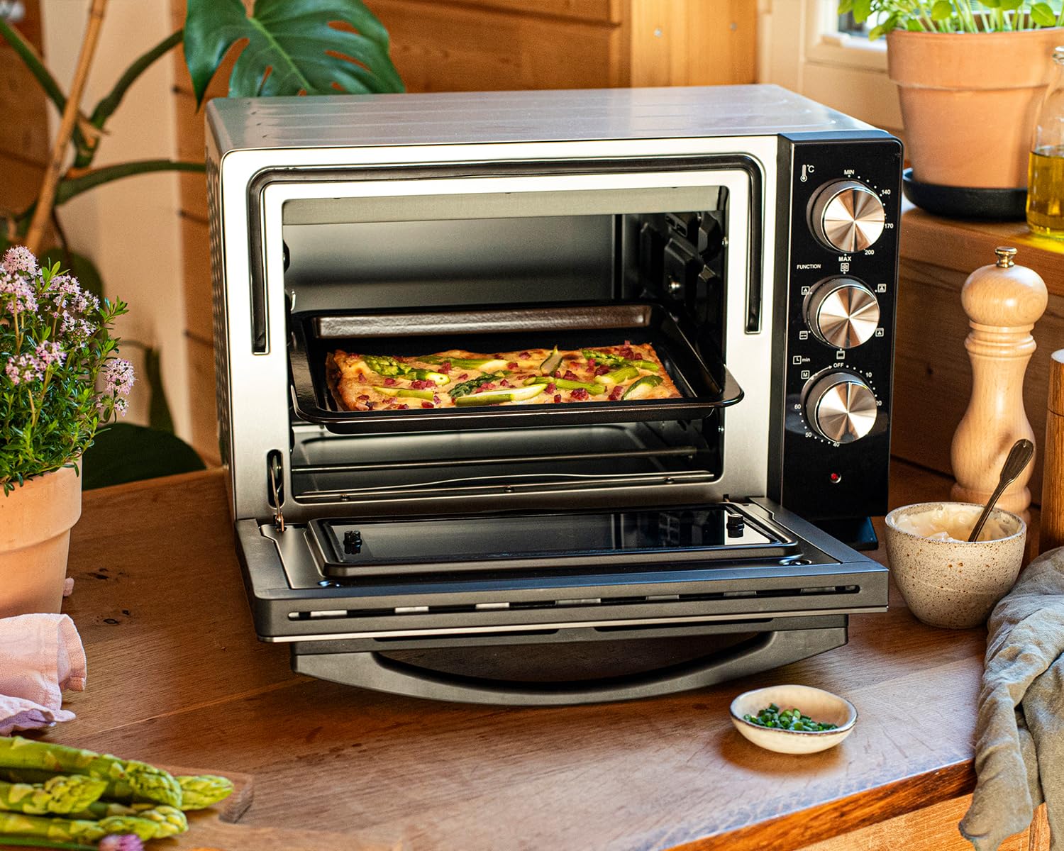 ROMMELSBACHER Back & Grill Piec BGS 1400 – energooszczędny i wydajny, pojemność 22 l, komora do pieczenia z powłoką zapobiegającą przywieraniu, 6 trybów ogrzewania, rożen obrotowy, zegar sterujący 60