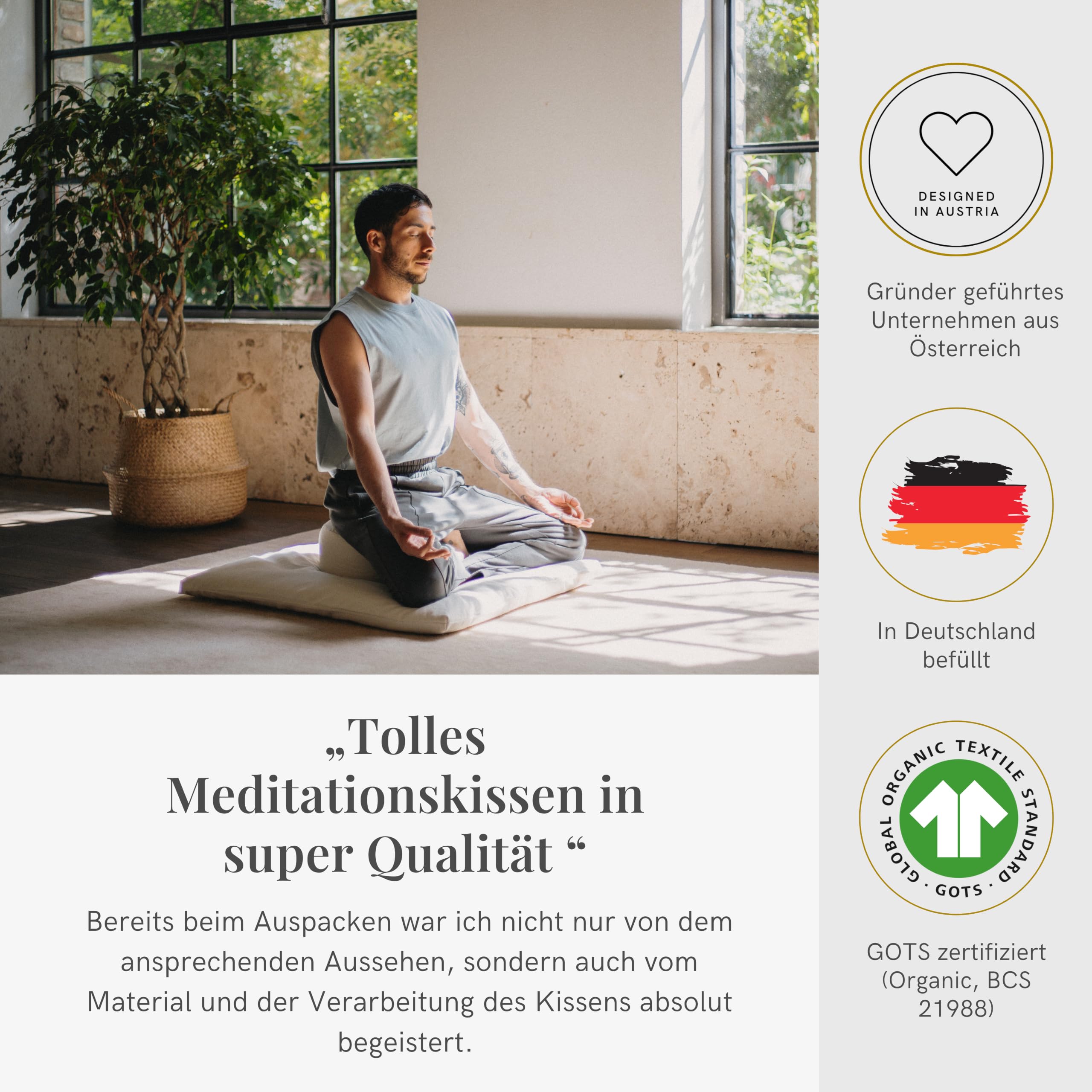 Lotuscrafts® Meditationskissen mit 10 cm Sitzhöhe, extra niedrig, Yoga Kissen mit Dinkelfüllung, Yogakissen Rund, Bodenkissen Rund, Yogakissen Meditationskissen, Bezug waschbar, GOTS Zertifiziert