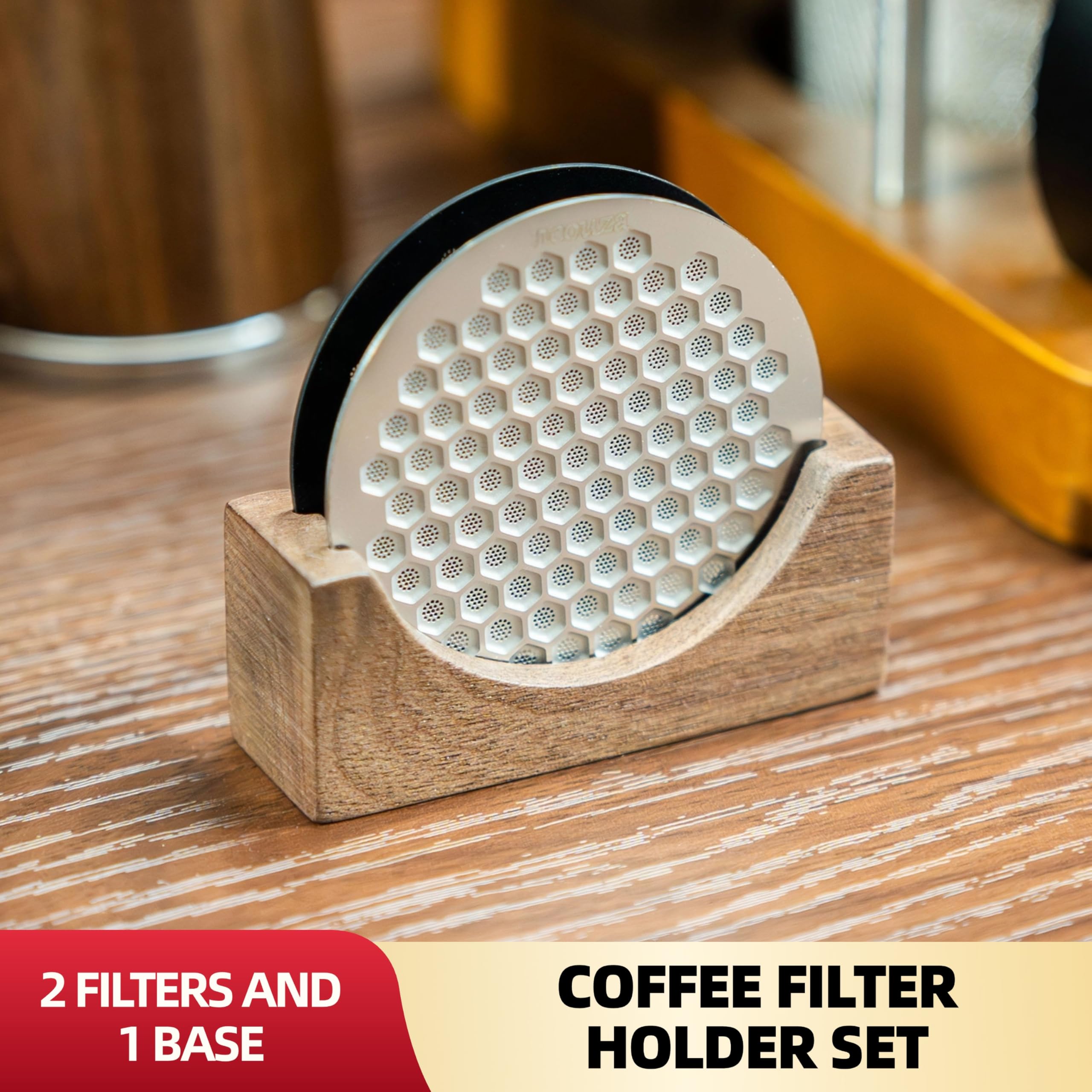 NEOUZA Stojaczek na filtr do kawy z ekranem do pucków, 51/53/58 mm, wielokrotnego użytku, do espresso, ze stali nierdzewnej i drewna (stojaczek 51/53 mm)