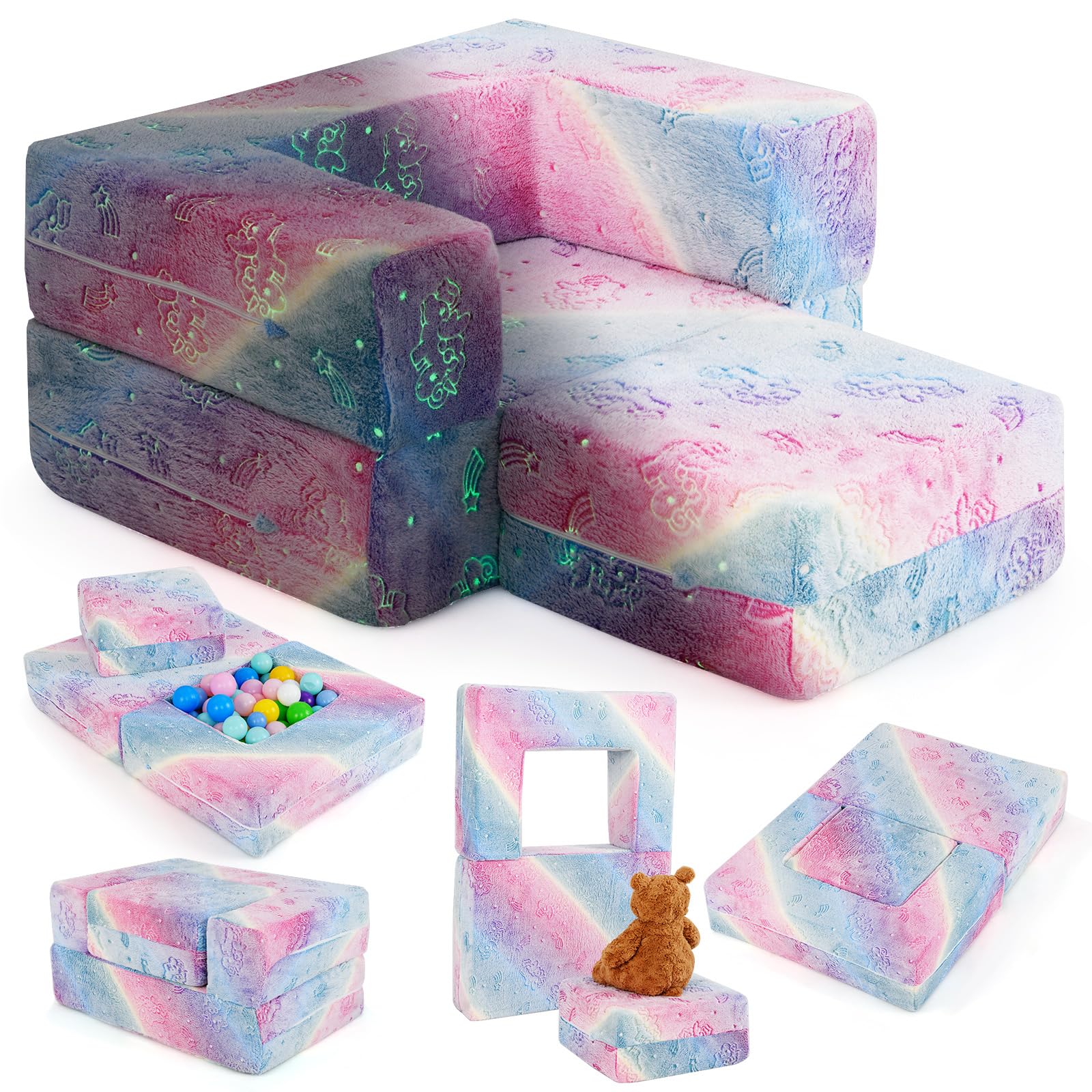 COSTWAY Modułowa sofa dla dzieci świecąca w ciemności, sofa modułowa ze zdejmowanym i nadającym się do prania w pralce flanelowym pokrowcem, sofa dla malucha do pokoju zabaw i pokoju dziecięcego