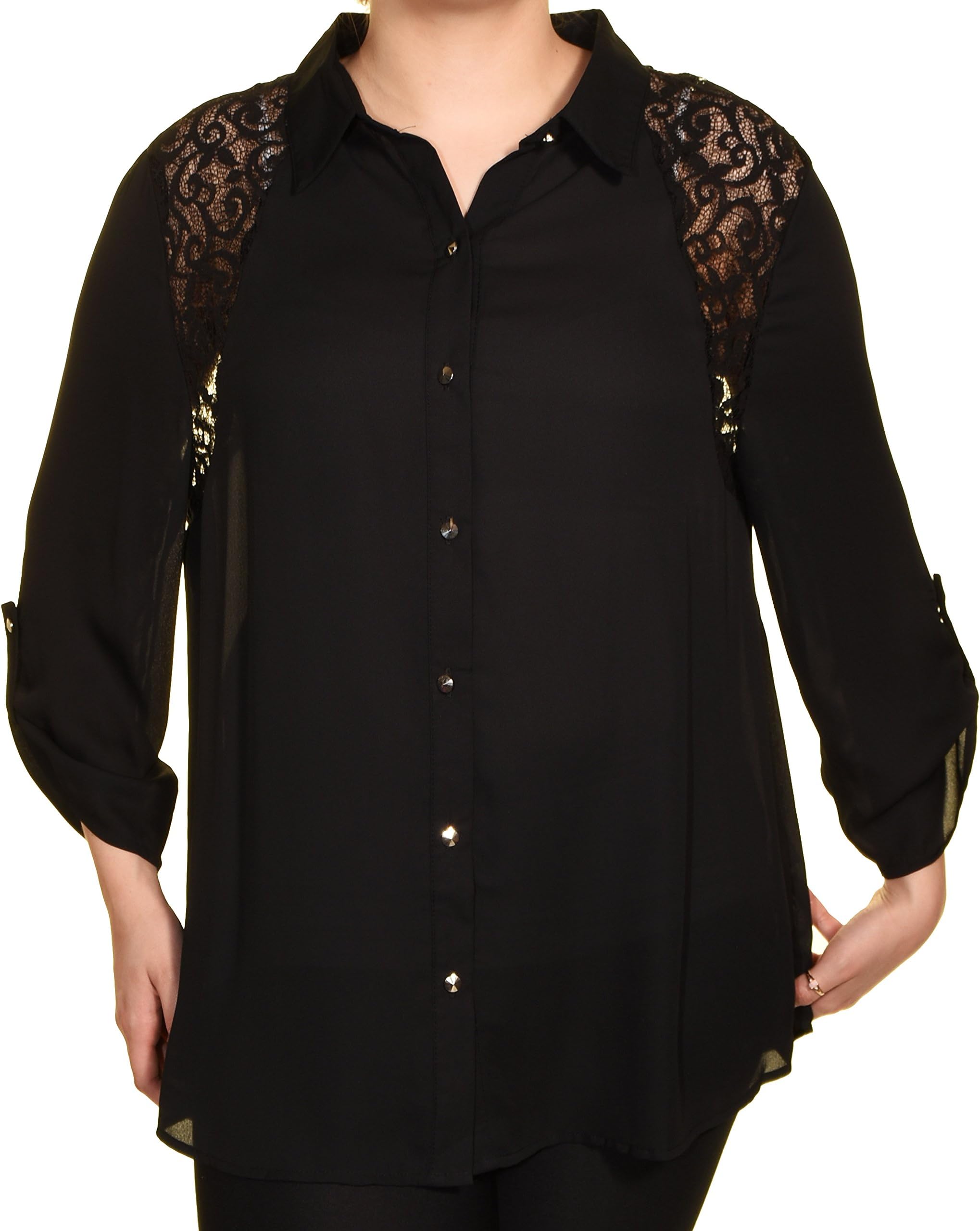 Lace Shoulder Roll-Tab Sleeve Blouse (Black, 3X)