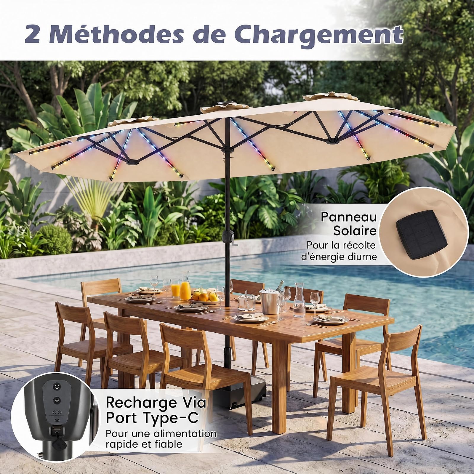 RELAX4LIFE Grand Parasol Double avec LED Multicolore, Parasol de Jardin Extérieur 4M, 12 Baleines, Manivelle, Mât en Métal Revêtu, Polyester Résistant, Abri Solaire pour Terrasse Événement (Beige)