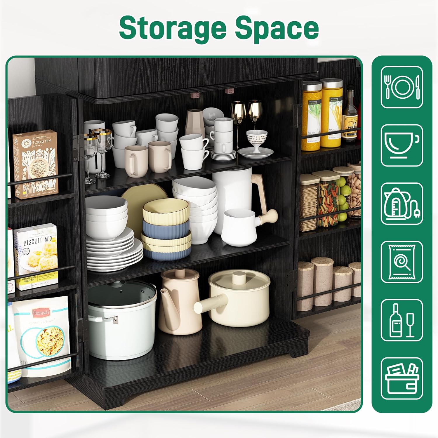 72” Tall Kitchen Storage Pantry, 31.5”W Modern Cabinet Wood Cupboard with Storage Shelves, Pantry Cabinet with 4 Doors for Kitchen, Dining Room, Living Room, Black