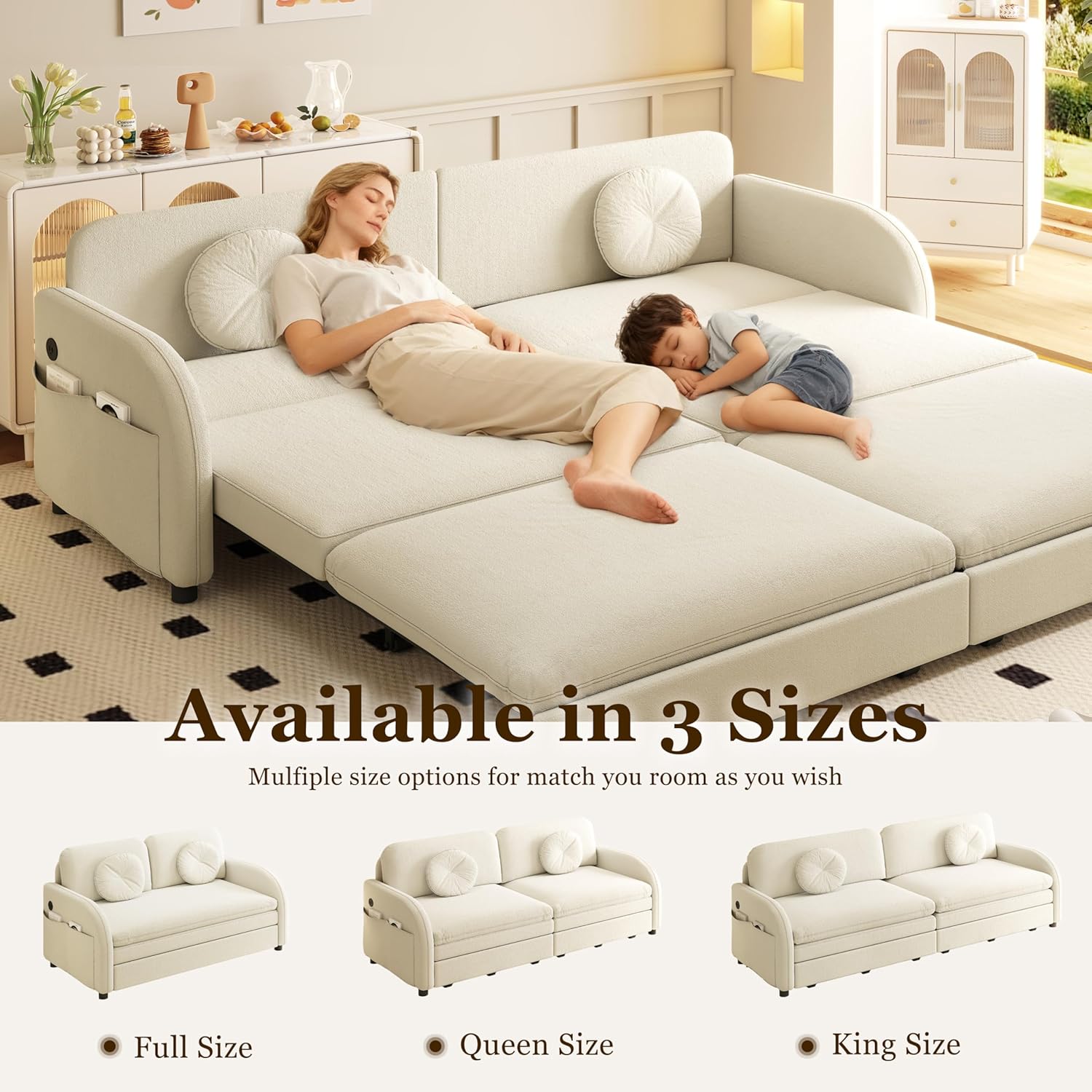 81.1'' Pull Out Couch Bed King Size, Chenille Sleeper Sofa Daybed, 3 in 1 Convertible Couches, Futon Sofa with 2 Pillows, Storage Pockets, USB, 3-Seater for Small Spaces, Living Room, Beige
