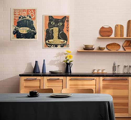 Miniatura 2 de ELESFEK 2 piezas de arte de pared de gato japonés vintage peculiar gato negro comiendo ramen lienzo póster retro divertido rana comiendo comida