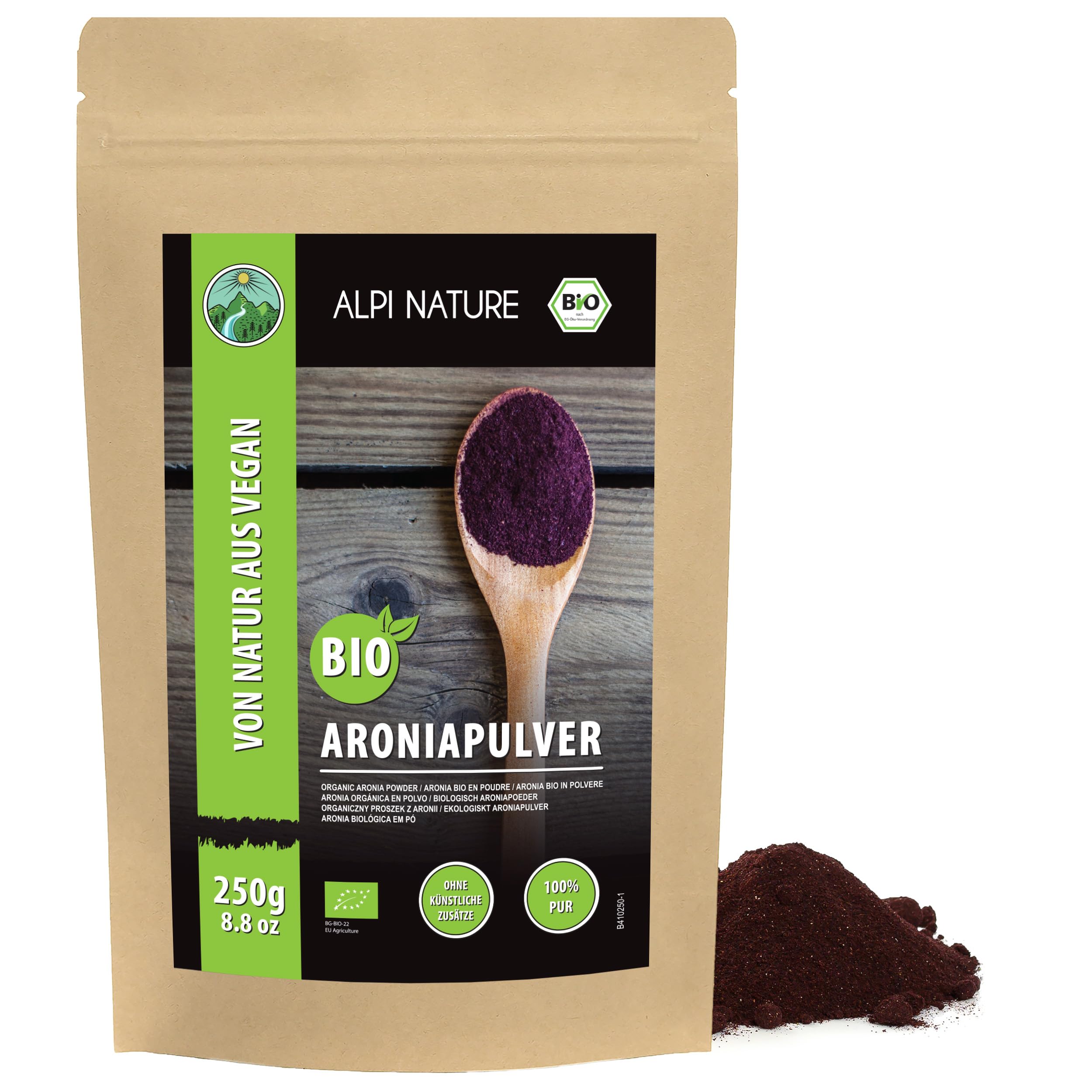 Alpi Nature Bio Aroniapulver (250 g) Aronia Materia od kontrolowanej uprawy organicznej test proszkowy Aronia wegańskie 100% naturalne delikatnie zmielone oczywiście bez dodatków