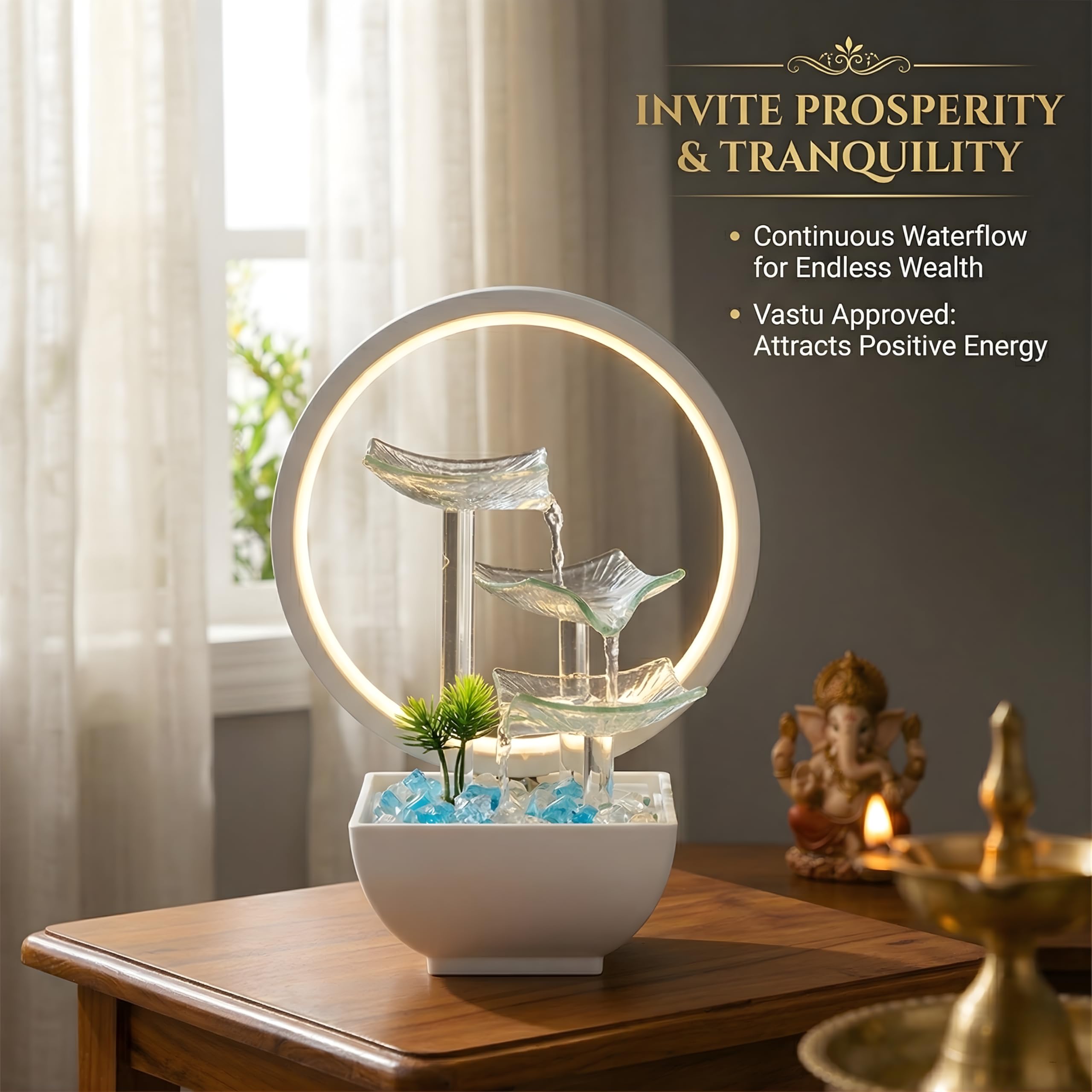 Homello Water Fountain for Home Decor 29cm Glass Indoor Waterfall with LED Light & Blue Stones – Electric Tabletop Showpiece for Living Room, Office Desk & Bedroom – Lucky Feng Shui Gift (Frost White)