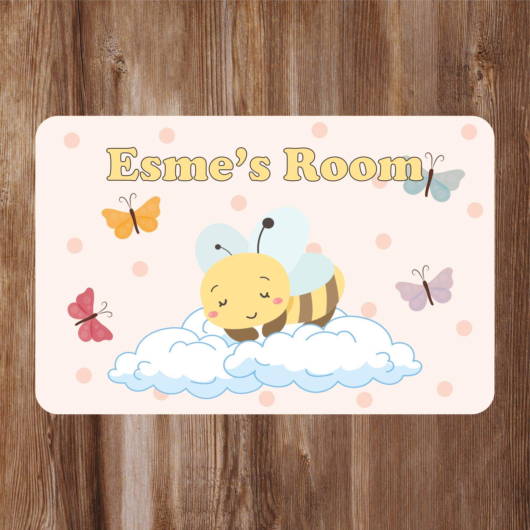 Precision Designs Girls Multicolor Cute Bee Asleep On Clouds With Butterflies Kids Bedroom Door Sign Personalised For You - Any Name! Door Plaque,/Boys,Nursery,Decor,Kids Room,Animals