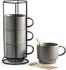 Gomakren Coffee Mugs Set of 4, 13 Ounce Stackable Coffee Mugs with Stand, Ceramic Coffee Cups with Spoon for Coffee, Espresso, Cappuccino, Latte, Cocoa, Tea and Milk, Light Gray