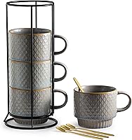 Vista 8 de Gomakren Juego de Tazas de Café de 4 Piezas, Juego de Tazas de Café Apilables de 13 Onzas con Soporte, Taza de Café Navideña de Gres con Cuchara Gris