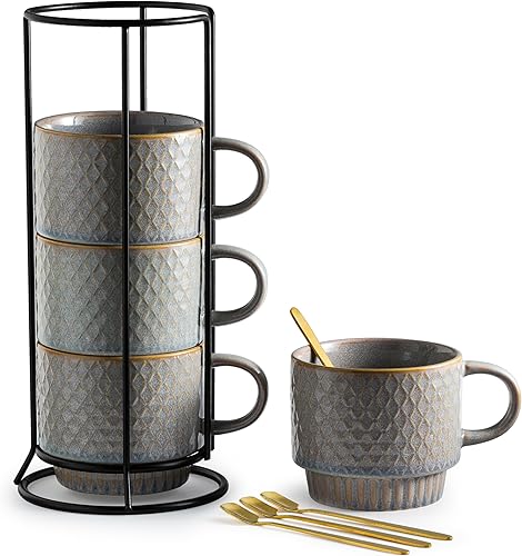 Miniatura 9 de Juego de 4 Tazas de Café Gomakren, Juego de Tazas de Café Apilables de 13 Onzas con Soporte, Taza de Café de Navidad de Gres con Cuchara para Café
