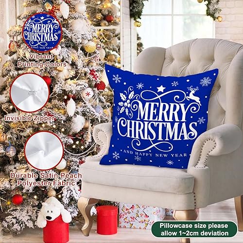 Miniatura 6 de Lanpn Juego de 4 fundas de almohada navideñas de 18 x 18 pulgadas, color blanco y azul, fundas decorativas de 18 pulgadas con copos de nieve de