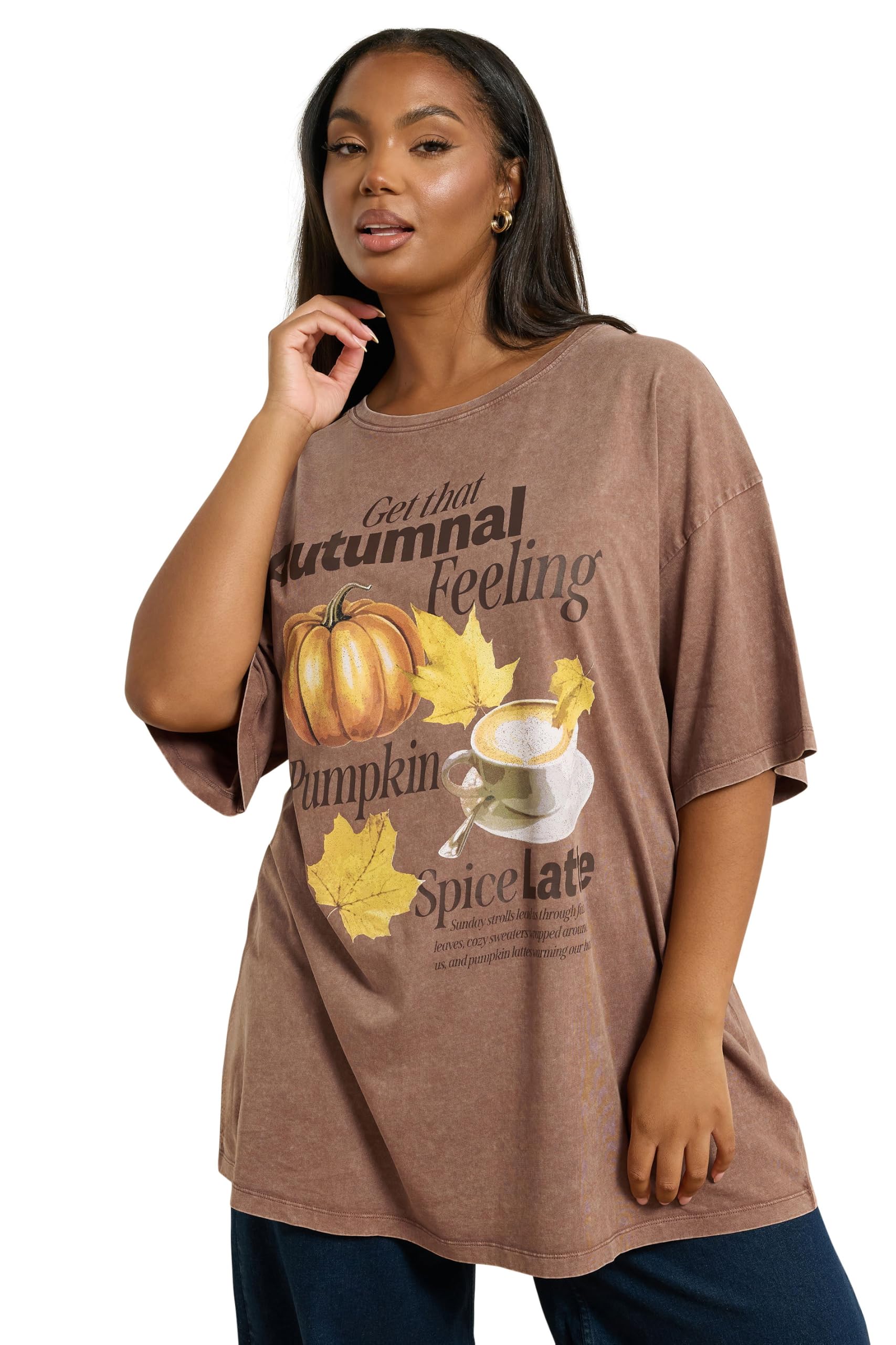 Yours Women's Brown Curve Autumnal Print Relaxed T-Shirt - Plus Size Curve