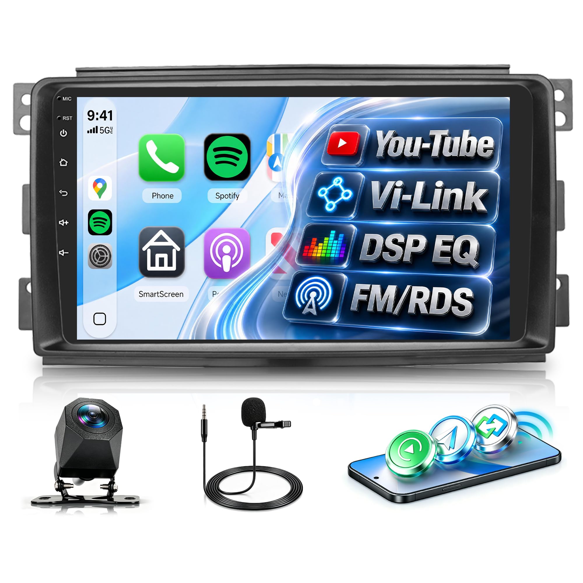 Rimoody Autoradio per Mercedes Benz Smart Fortwo 451 2005-2010 Wireless Carplay Android Auto You-Tube Vi-Link Bluetooth FM/RDS DSP EQ, 9 Pollici Touchscreen Radio Mirror Link SWC Telecamera Posteriore
