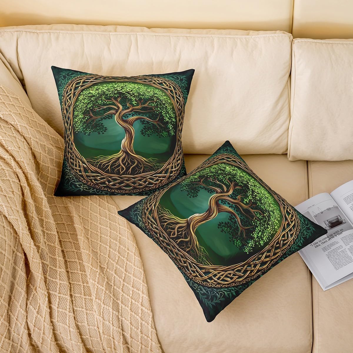 Homewish Tree Abstract Life Kids Throw Pillow Cover,Leaf Plant Botanical Trippy Gothic Double Sides Pillow Case,Boho Tribal Ethnic Green Vintage Bed Couch Sofa Cushion Cover,Single Pack 24"x24"