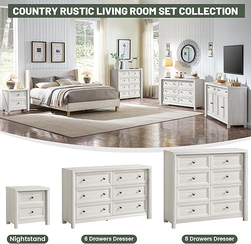 Miniatura 6 de Mesita de noche blanca con cajones, mesita de noche blanca lavada rústica, mesa auxiliar de cama de granja para dormitorio, mesita de noche para