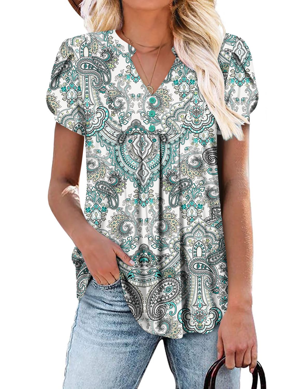 onlypuff Women's Short Sleeve Tunic Tops Summer Pleated V Neck Button Down Shirts for Leggings