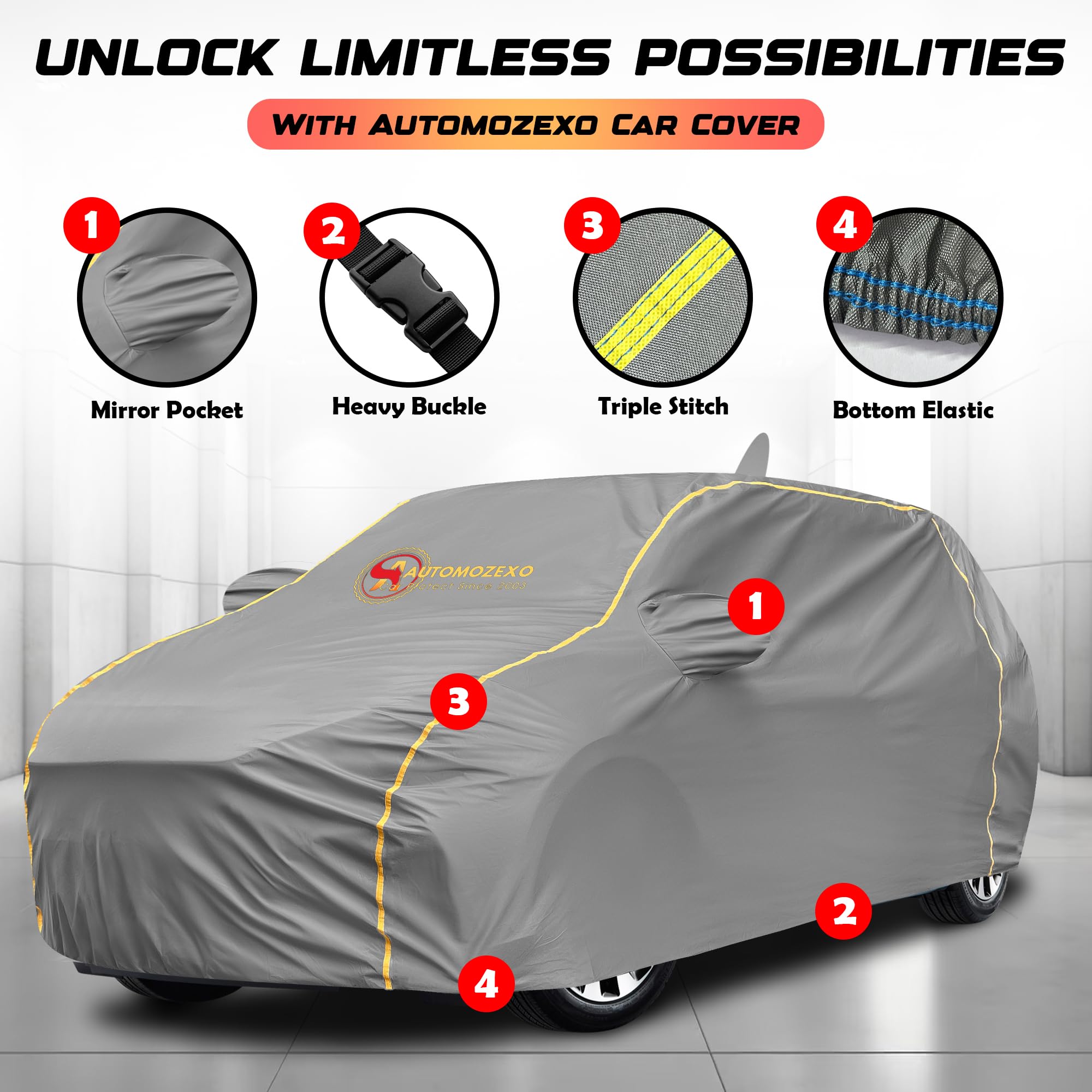 AUTOMOZEXO Hyundai Venue All Models 100% Waterproof Car Cover for All Weather Protection Mirror & Antena Pocket Inner Cotton Triple Stitched Cover, Adjustable Belt Bottom Elastic to Secure Fit -Grey 1