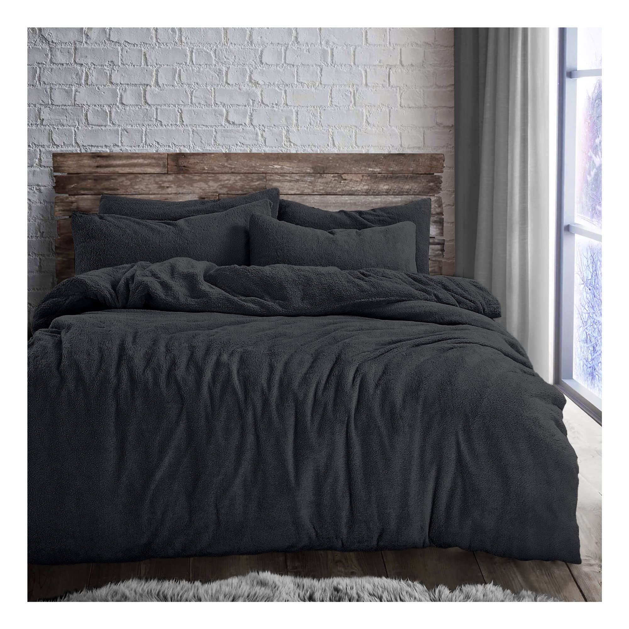 Lions Charcoal Teddy Bear Bedding Set - Fluffy Thermal Warm Cosy Teddy Fleece Bedding With Pillowcase, Sherpa Quilt Covers, Single Bed Size, 137X200cm