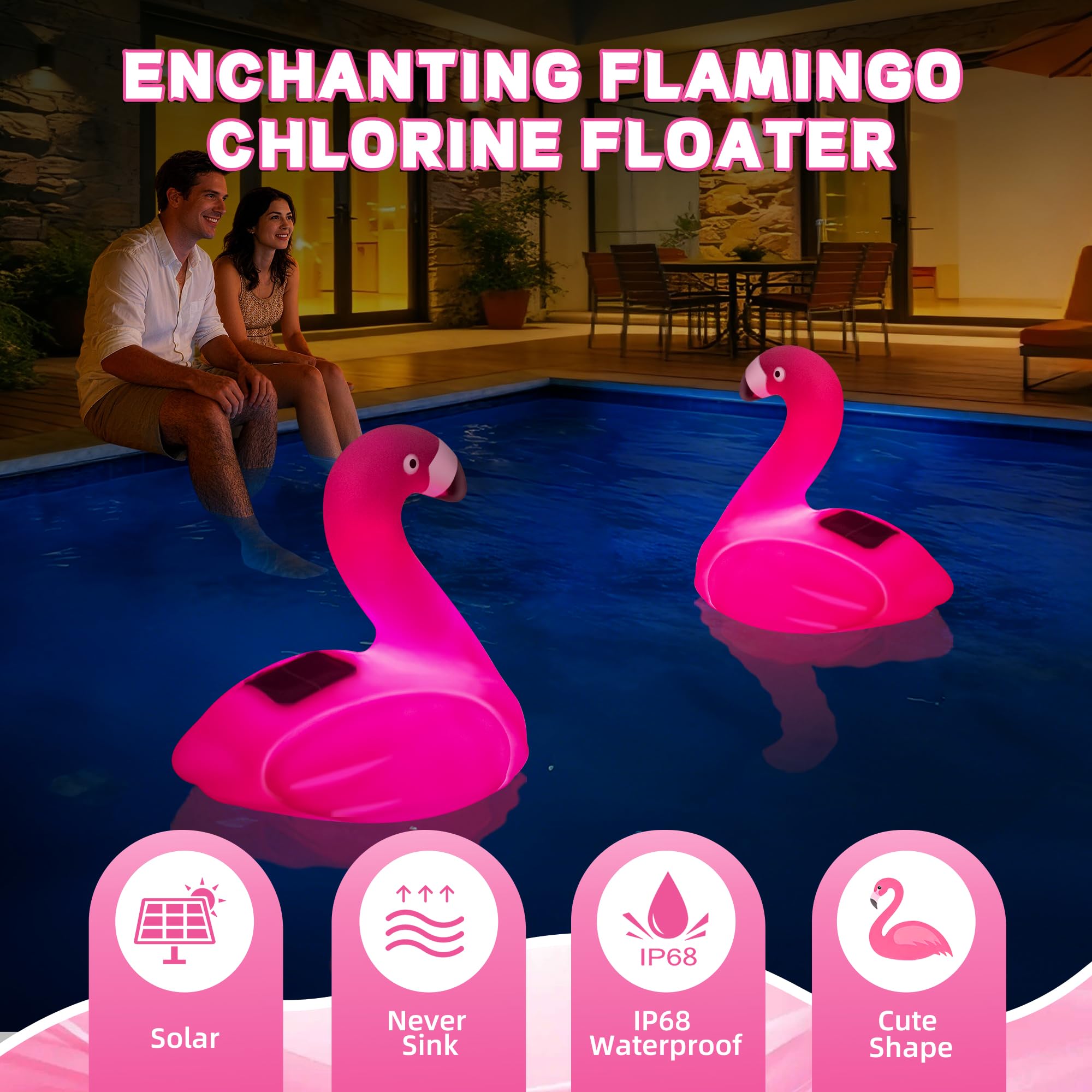 Luxfero Diffuseur Chlore Piscine avec Lumière,Flamant Distributeur de Chlore Flottant Solaire,Flotteur Chlore Piscine Grande Capacité Diffuseur Chlore pour Piscine Réglable,Distributeur Chlore Piscine
