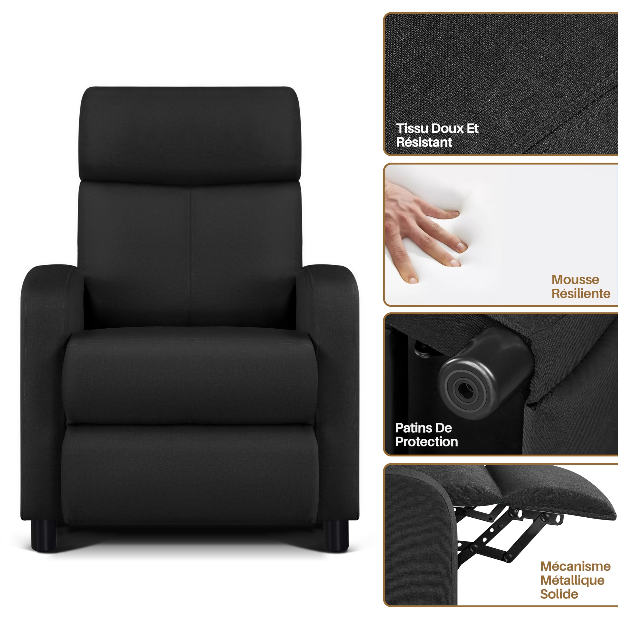 Yaheetech Fauteuil de Relaxation Chaise de Détente Siège de Canapé Fauteuil Relax/Chambre à Coucher/Home Cinéma Noir/Tissu