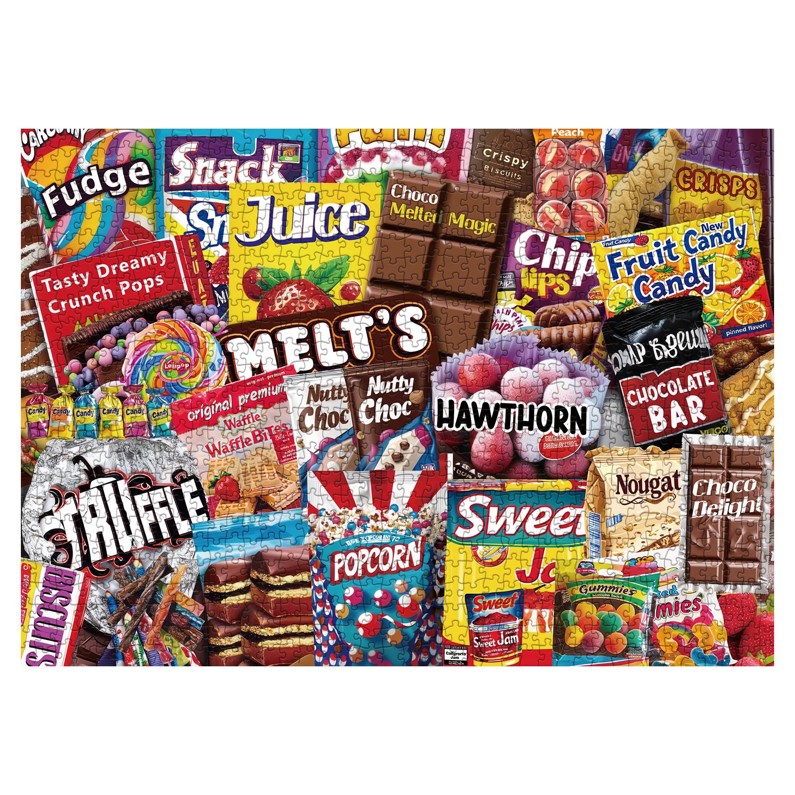 Chocolate Candy Puzzle for Adults 1000 Pieces, Colorful Food Collage Jigsaw Puzzle, Sweet Popcorn Challenging Puzzle