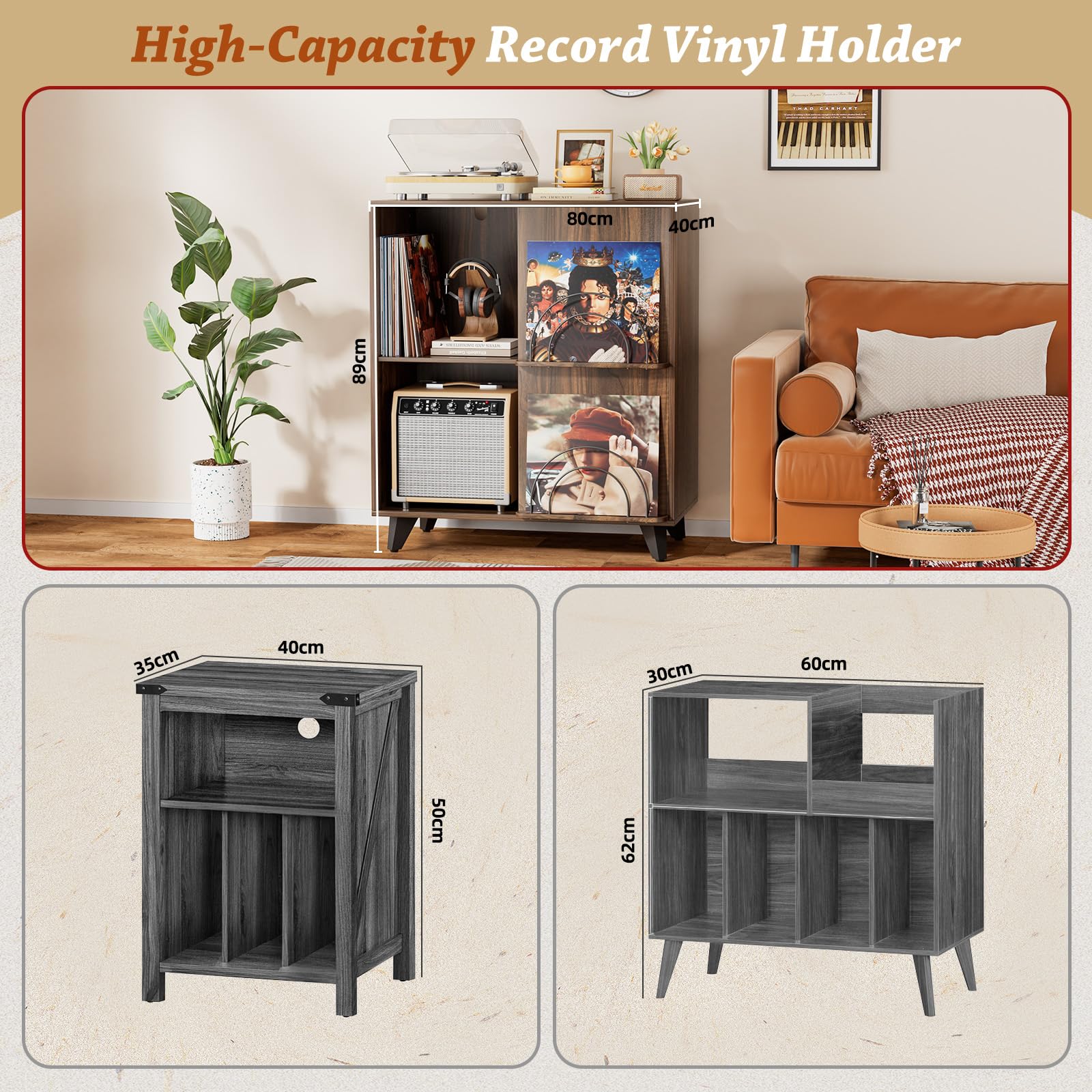 Bikoney Mobile Vinili - Mobiletto per Giradischi con Espositore Album | Supporto per giradischi e casse con 1 cassetto. Mobile TV retrò e credenza per dischi in legno.