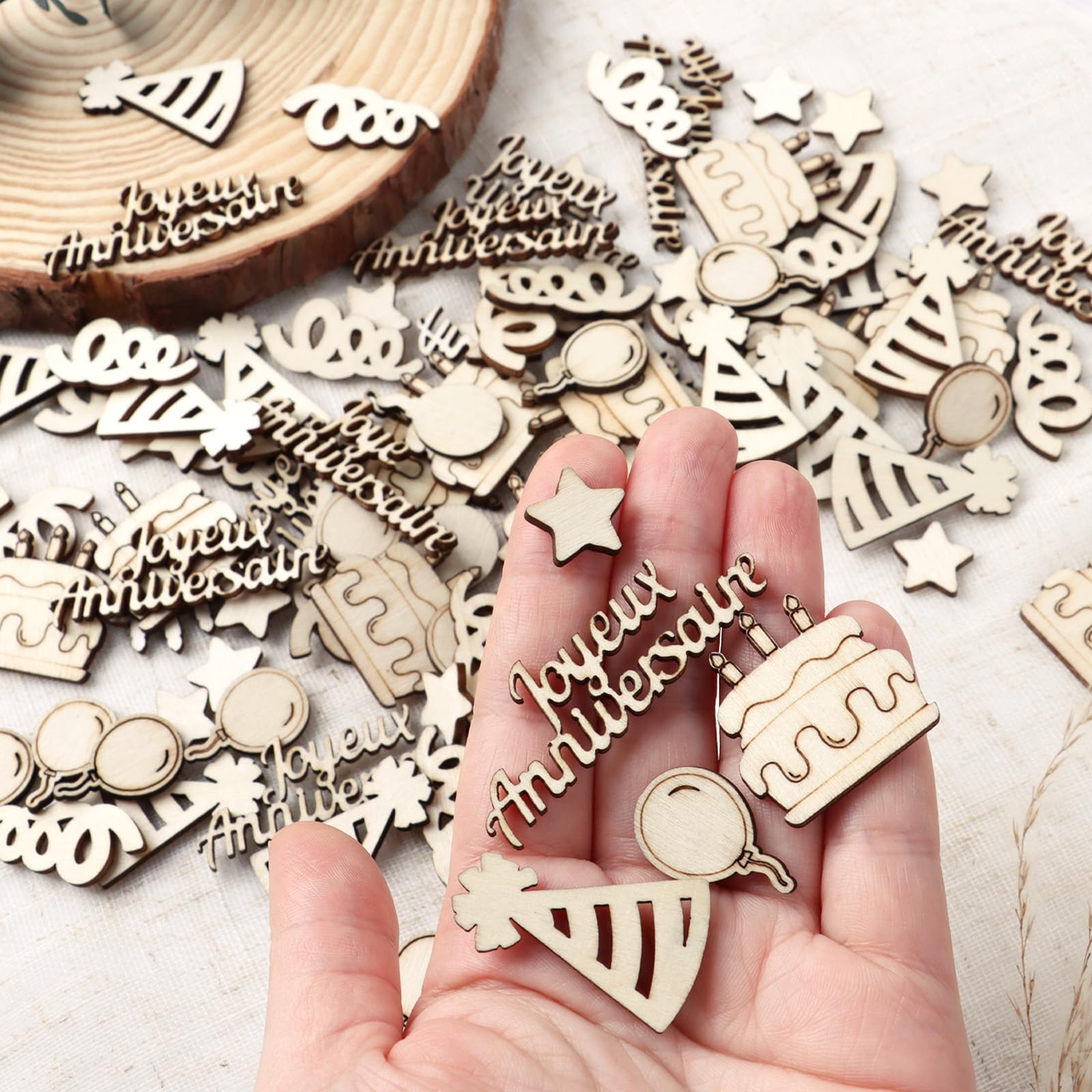 100 Pieces Happy Birthday Wooden Confetti with Box Decoration Table Confetti Balloon Star DIY Cards Crafts